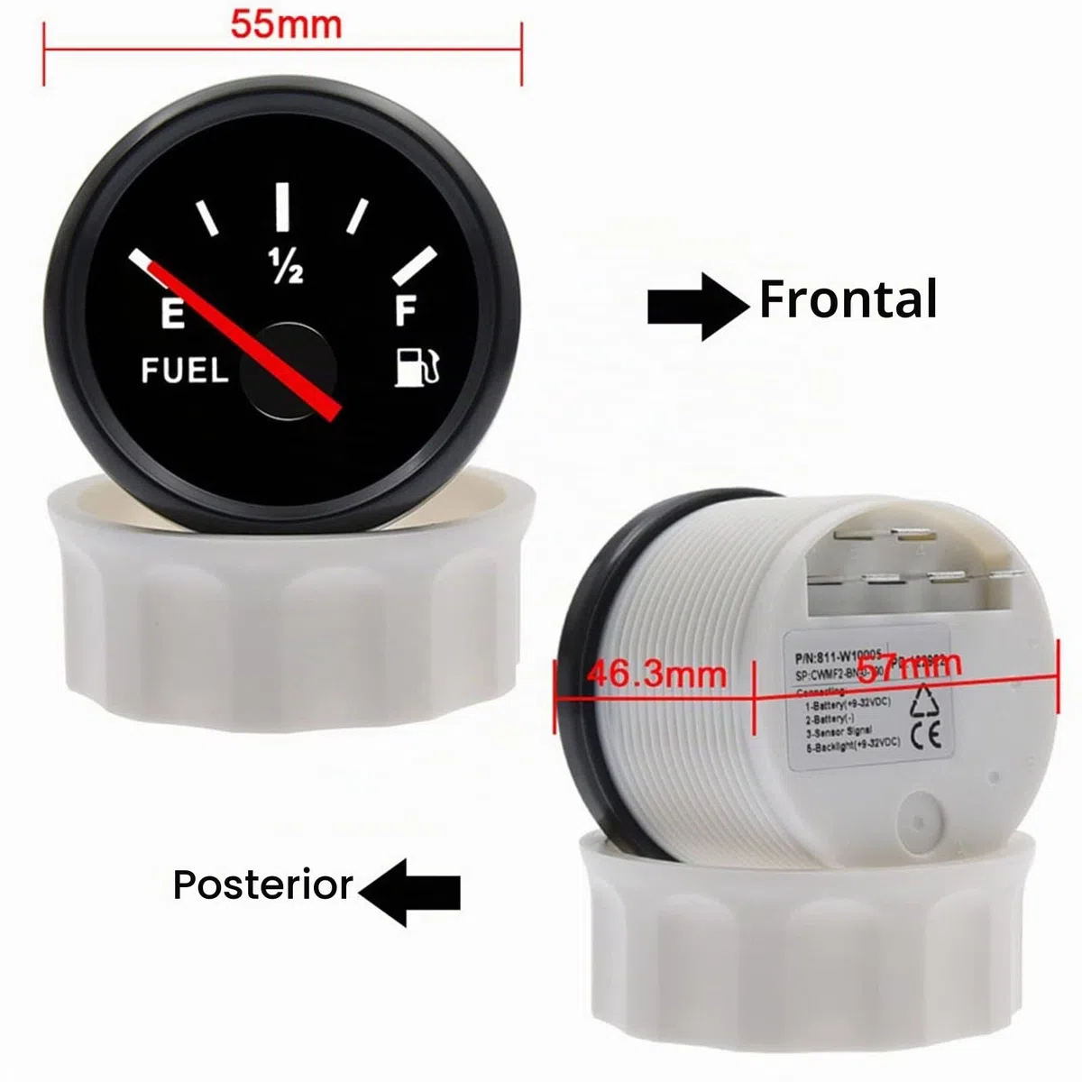 Geloo Medidor de Nivel de Combustible 52mm IP67 Impermeable 0~190ohm Indicador de Combustible Universal con E-1/2-F Rango de Medición (Negro)