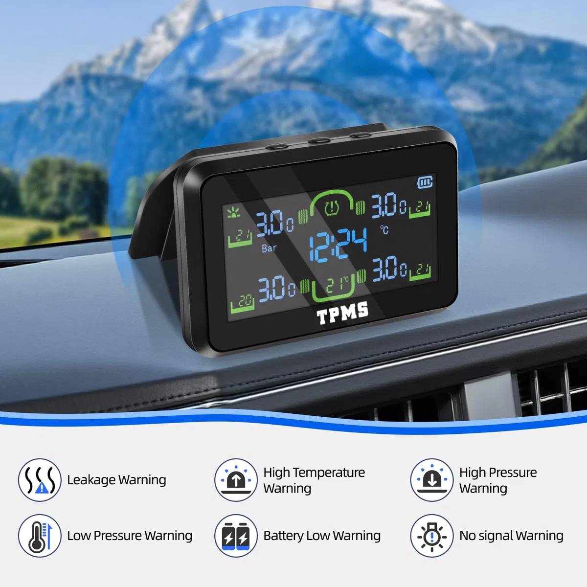 TPMS Sistema Monitoreo de Presión de Neumáticos con Soporte, Control Presion Neumaticos Coche, Carga Inalámbrica, Alerta de presión, Pantalla de Temperatura del Neumático 5Bar/99PSI