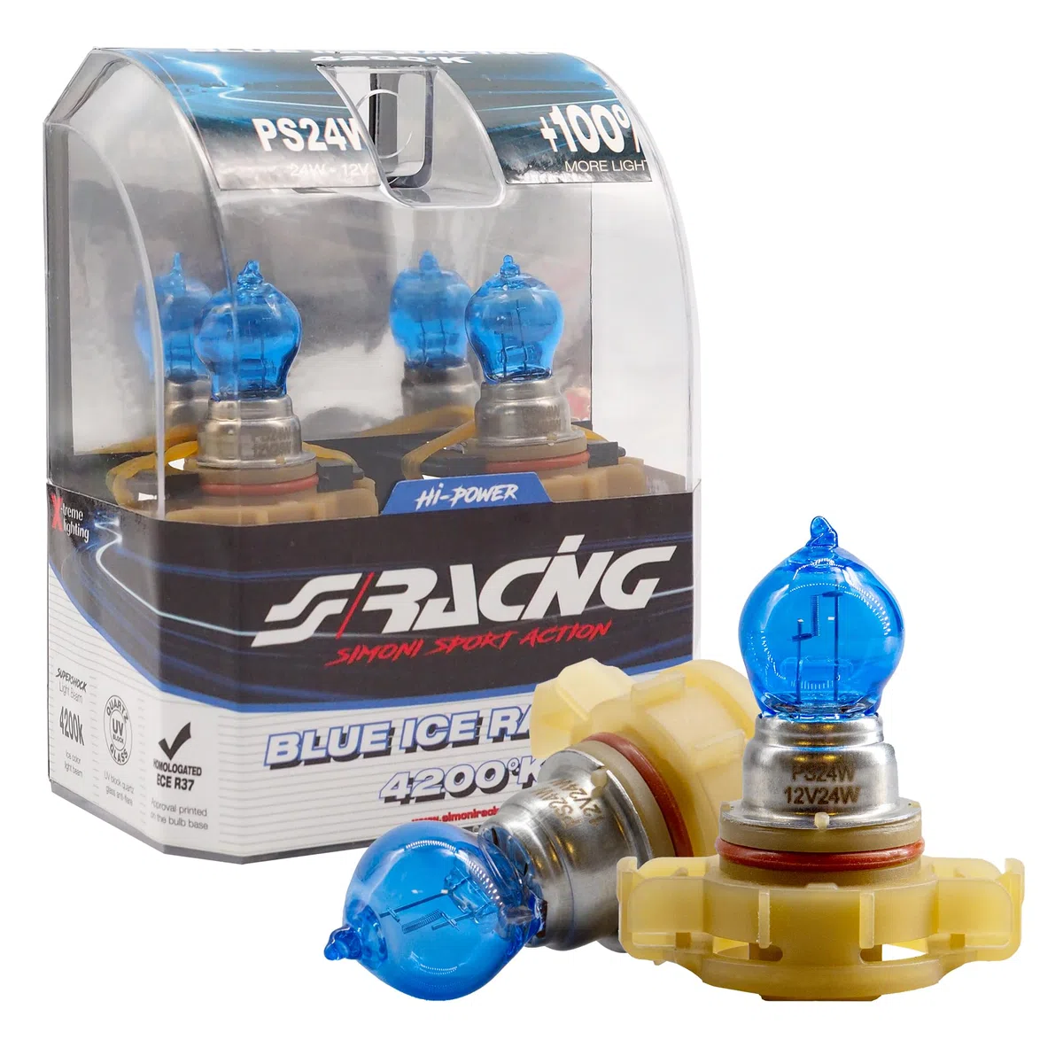 Simoni Racing Set lamparas Halógeno 'Blue Ice Racing' PS24W (H16) (4200K) - 12V/35W - Set de 2 piezas ECE-R37