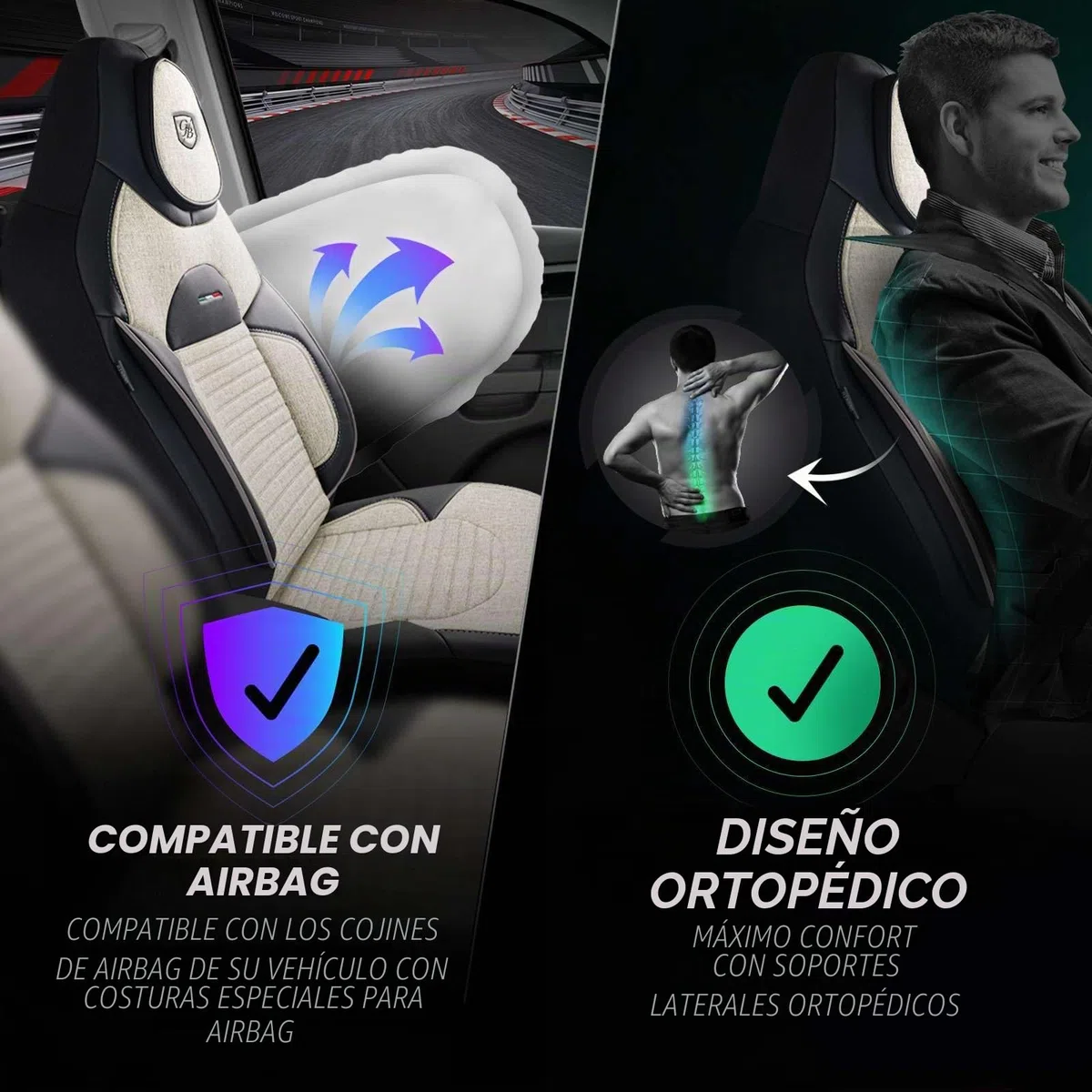 Fundas de Asiento Camper en Lino, compatibles Fiat Ducato, Citroën Jumper, Peugeot Boxer, Asientos Delanteros Conductor & acompañante, Camper & Caravana, Arena-Negro