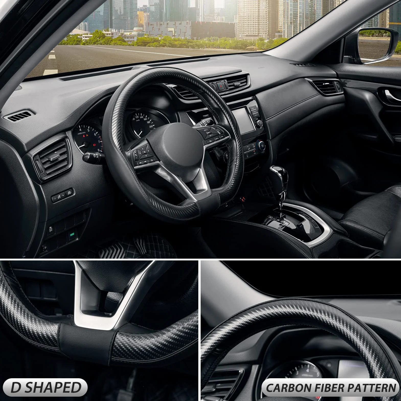 SEG Direct Funda para Volante de Automóvil Tipo D, Cubierta del Volante de Coche en Forma de D, Tamaño Estándar 37-39 cm, Parte Inferior Plana, Cuero de Microfibra, Negro con Fibra de Carbono