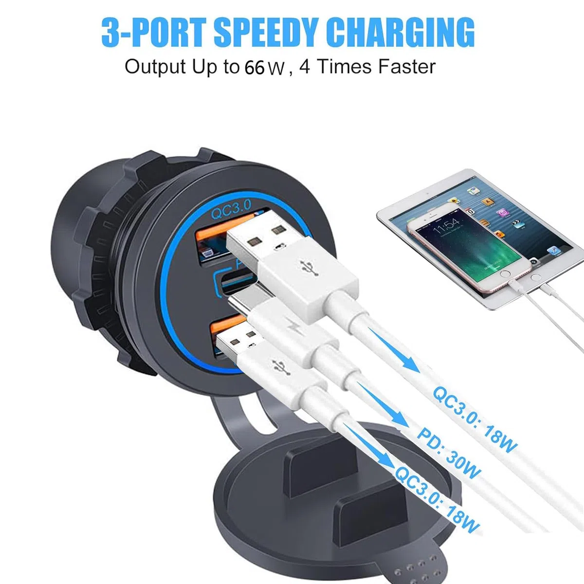 Cargador USB 12-24V, 66W, PD y QC3.0 con Interruptor y Luz Azul para Moto, Coche, Caravanas, Barcos, Camiones - Cargador Impermeable (2PD+4QC)