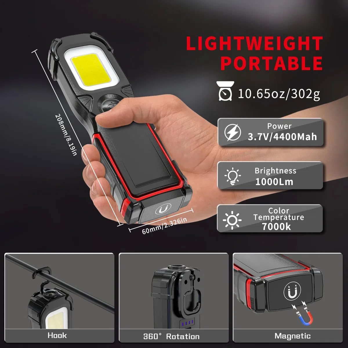 Linterna de Trabajo LED Recargable,Luz de Trabajo Super Brillante LED Parte Delantera de 5W COB LED con Base Ajustable, Gancho e Imán para Hogar, Taller, Automóviles, Camping, Emergencia (Negro/R)