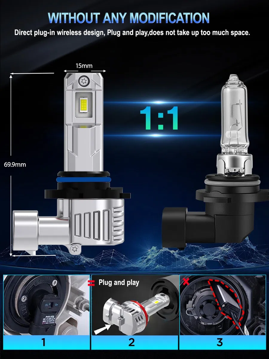 XELORD LED HIR2 9012 Bombillas de Coche,6500K Luz Bblanca Brillante 55W 14000LM,Bombilla Halógena de Repuesto,1:1 Diseño Plug-n-Play,Paquete de 2
