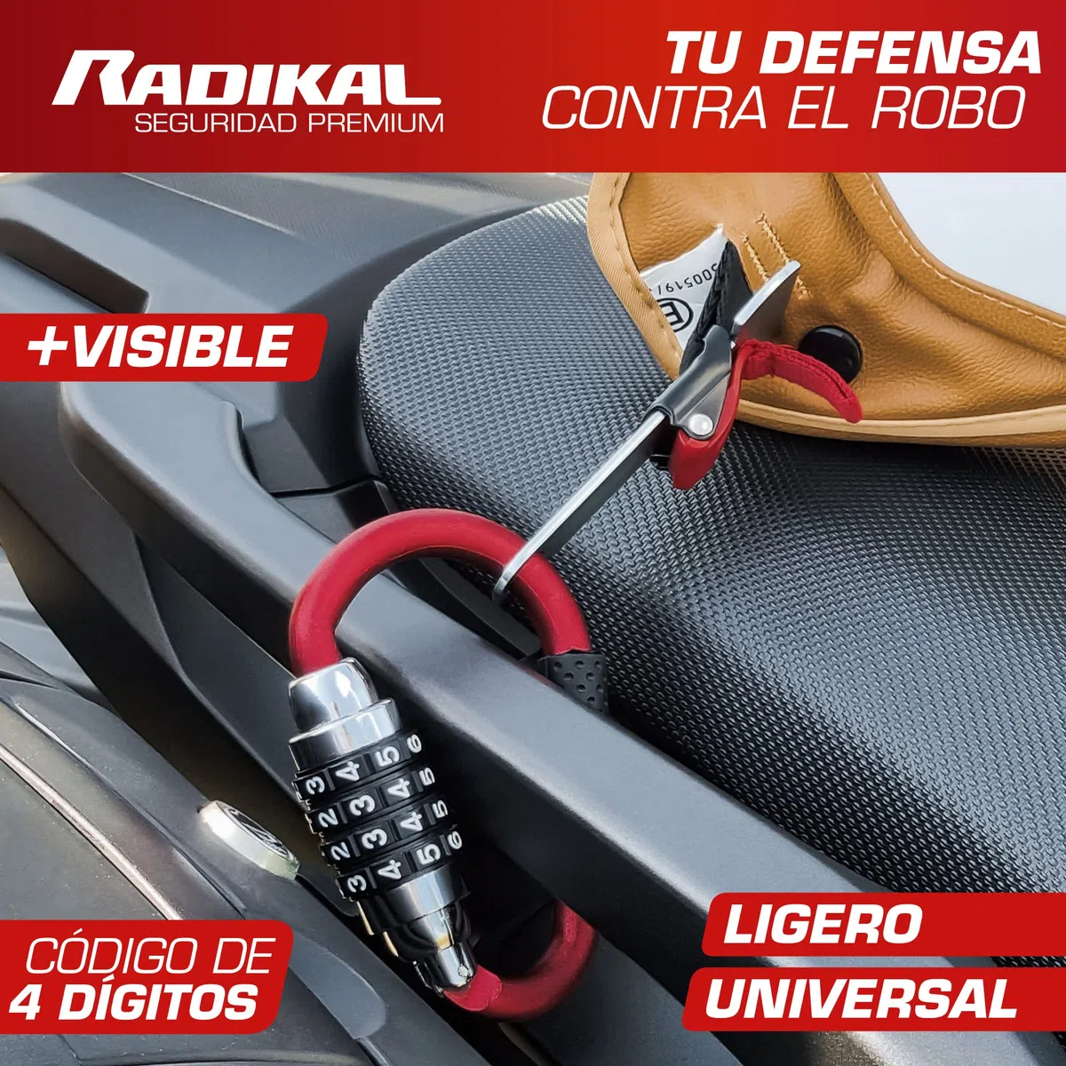 RADIKAL RK540R Candado Casco Moto, Mosqueton Multifuncion con Código 4 Digitos Más Seguro, Adaptador T, Cable Seguridad Acero Trenzado, Accesorio Antirrobo Universal para Casco Moto Bicicleta Chaqueta