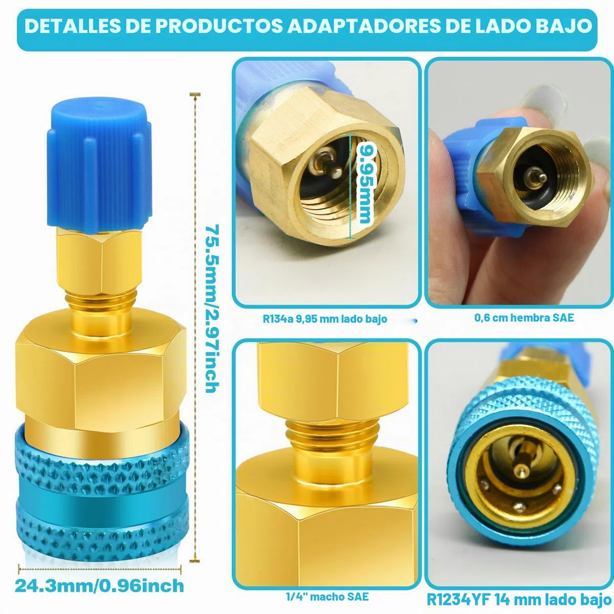 Adaptadores R1234yf a R134a, Kit de Recarga de refrigerante R1234yf a R134a,Lado Alto/bajo Adaptadores para R1234yf/R134a Recarga de evacuación del Sistema de refrigerante de CA del automóvil