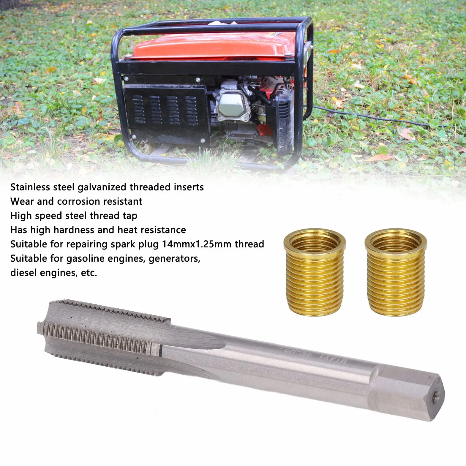 Herramienta de Reparación de Rosca de Bujía, Perno M12x1.25 Y Grifo M14x1.25 Kit de Reparación de Orificio Roscado de Bujía de Motor de Gasolina para Motores de Gasolina, Generadores