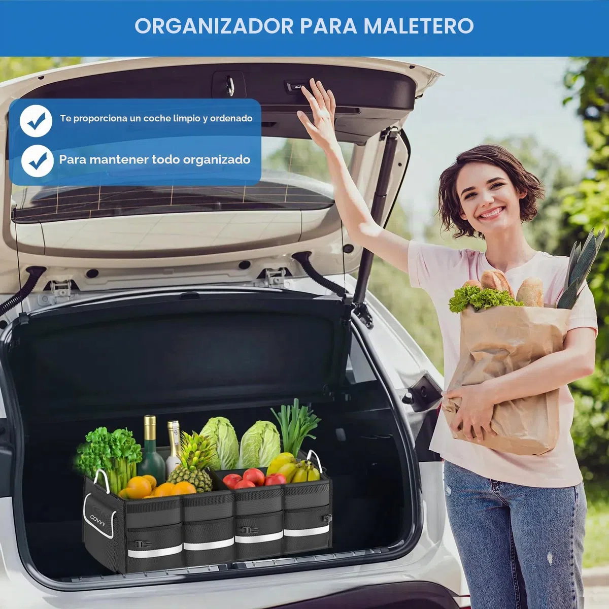 Organizador maletero coche, con bolsillo con solapa, bolsillos laterales y asa fuerte, parte inferior antideslizante, organizador de maletero de coche pequeño y SUV