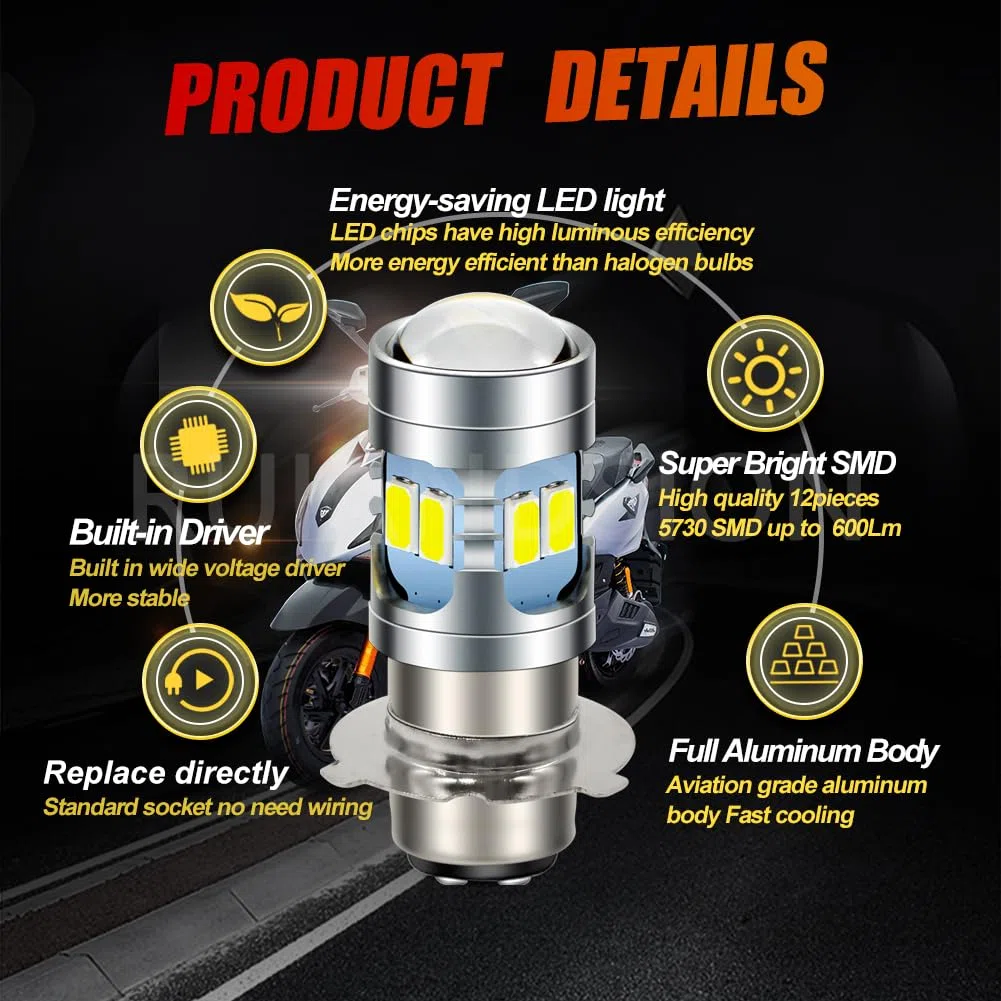 Ruiandsion P15D-25-3 Bombilla LED 6000K Blanco 6V-24V Super Brillante 5730 12SMD Chips Bombilla LED para faros delanteros de motocicleta (paquete de 2)