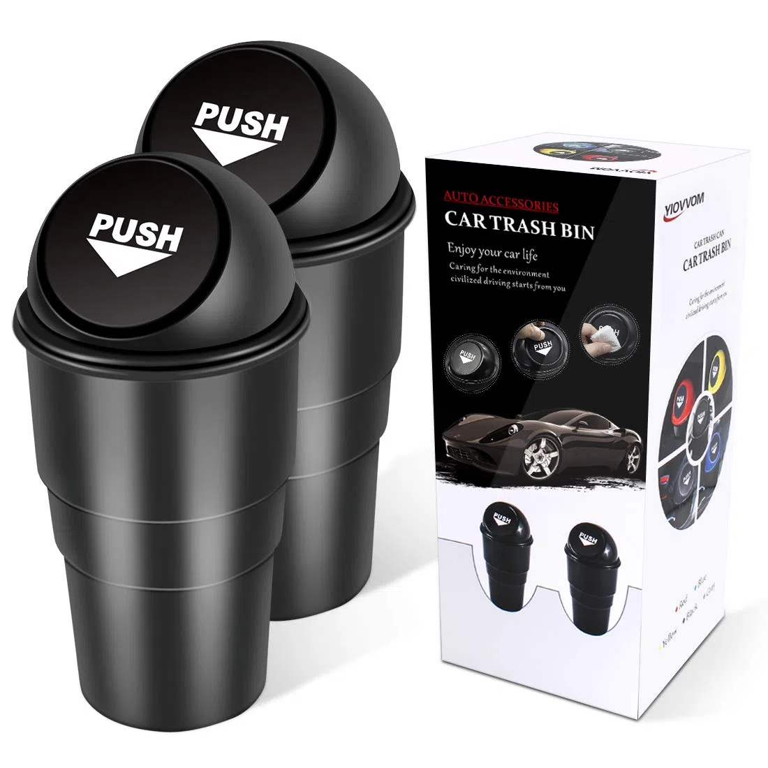 Cubo de basura para coche con tapa, a prueba de fugas, contenedor de basura pequeño para automóvil, oficina, hogar, cocina, dormitorio, set de 2 (negro)