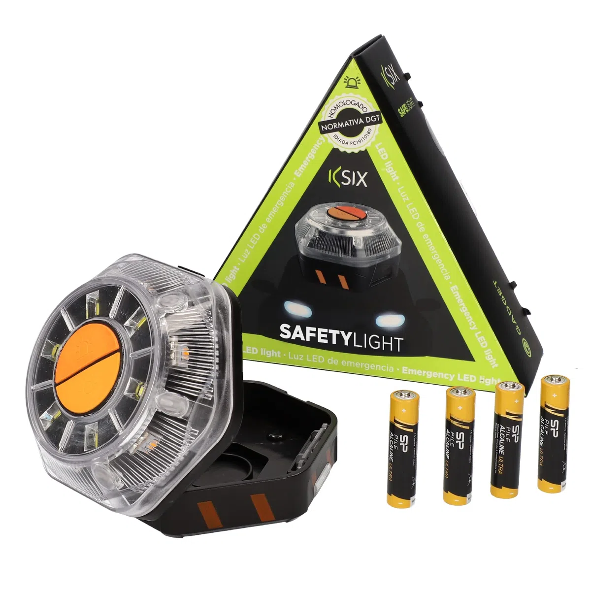 KSIX Luz de Emergencia V16 sin GPS para Coche y Moto con Linterna Led. Baliza de Señalización Luminosa Autónoma en Carretera con Base Magnética y Gancho Multiusos
