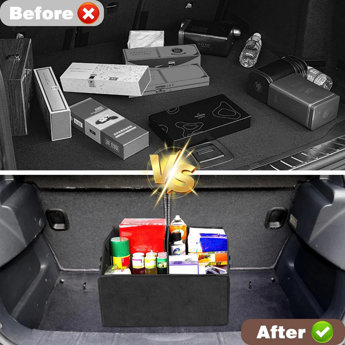 Organizador de Coche para Almacenamiento, 40L Organizador de Maletero de Coche, Caja de Almacenamiento de Cuero Plegable, Bolsa Antideslizante para Maletero para todos vehículos(Negro)