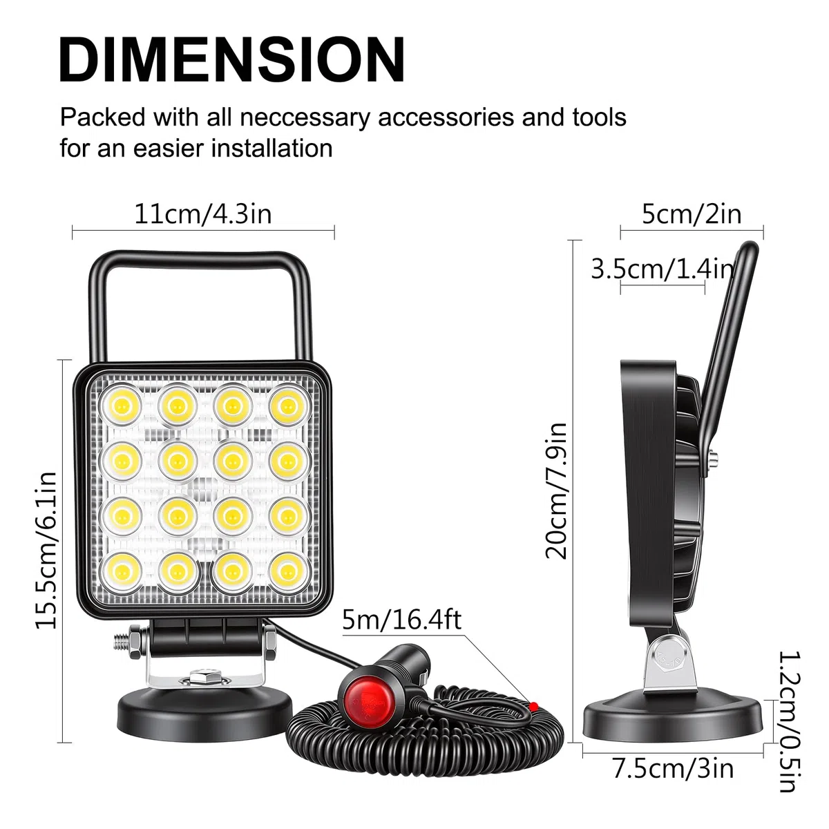 Focos Led Willpower 4 Pulgadas 10cm 48W Portátil Faros Led con Imán 12V 24V Luz de Inundación Trabajo LED IP67 Impermeable Antiniebla para Tractor 4x4 Coche Camión Barco Off Road ATV UTV SUV