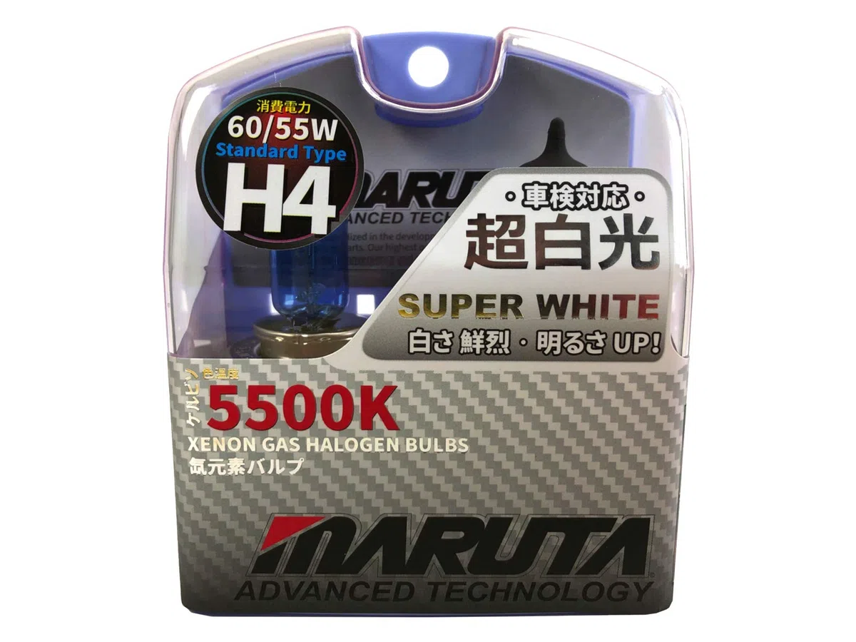 MARUTA SUPER WHITE H4 60/55W lámpara halógena 12V, casquillo P43t, efecto xenón 5500 K, vidrio de cuarzo resistente, homologación ECE