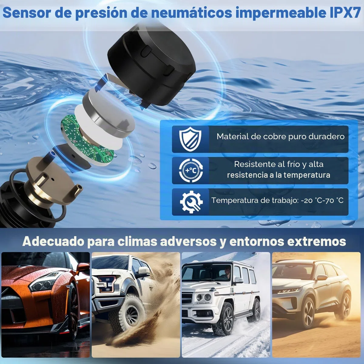 Sistema de Monitorización de Presión de Neumáticos TPMS, Solar Inalámbrico y Carga USB, Monitor de Presión de Neumáticos, 5 Modos de Alarma, 4 Sensores Externos, Rango 0-5 Bar, Ajuste
