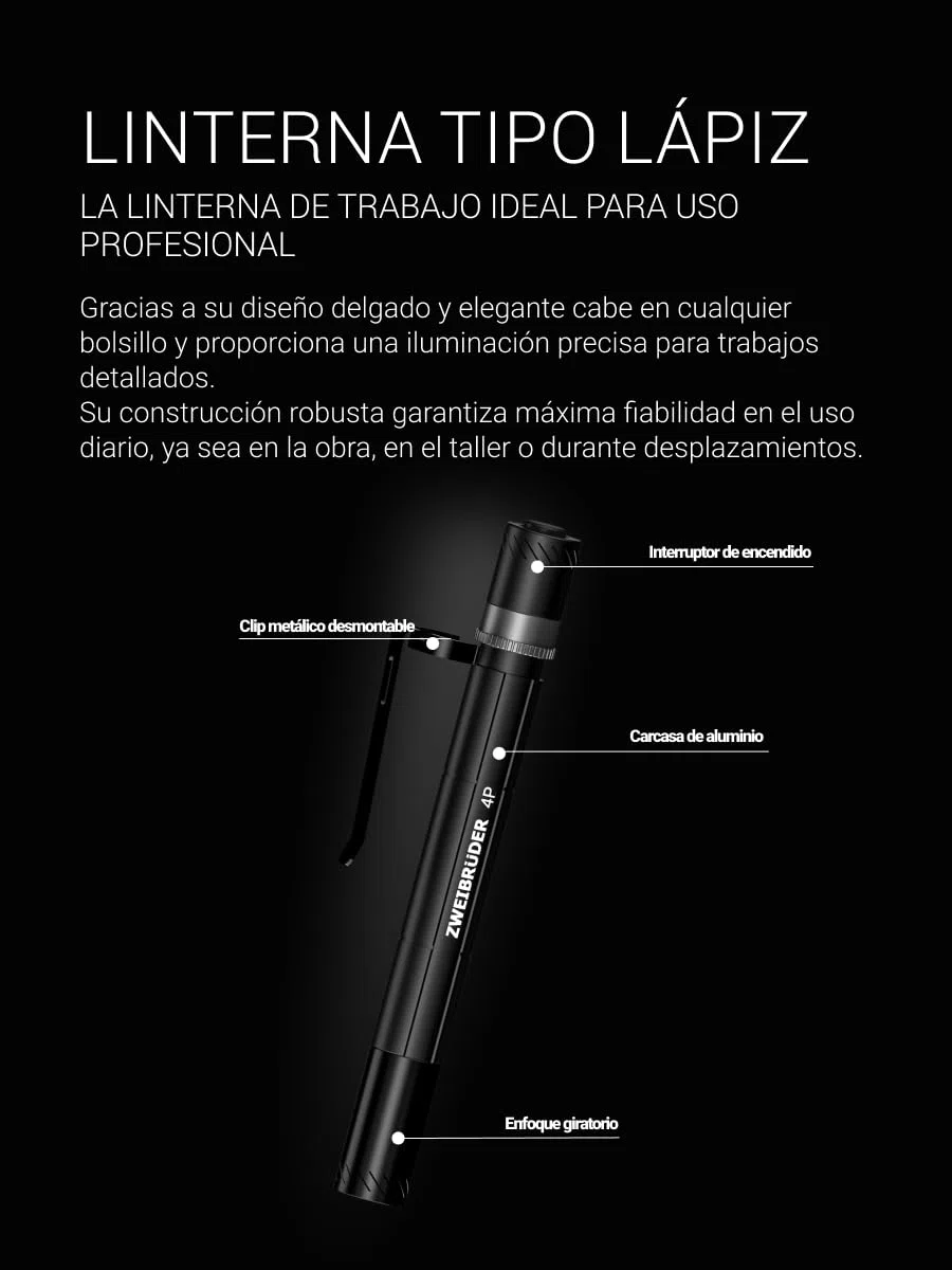 Zweibrüder ZB4P Linterna Tipo Bolígrafo LED Recargable 400 Lúmenes – Penlight Compacta con Función de Enfoque, USB-C y Dual Functional Optic, Ideal para Trabajo, Inspección y Uso Diario
