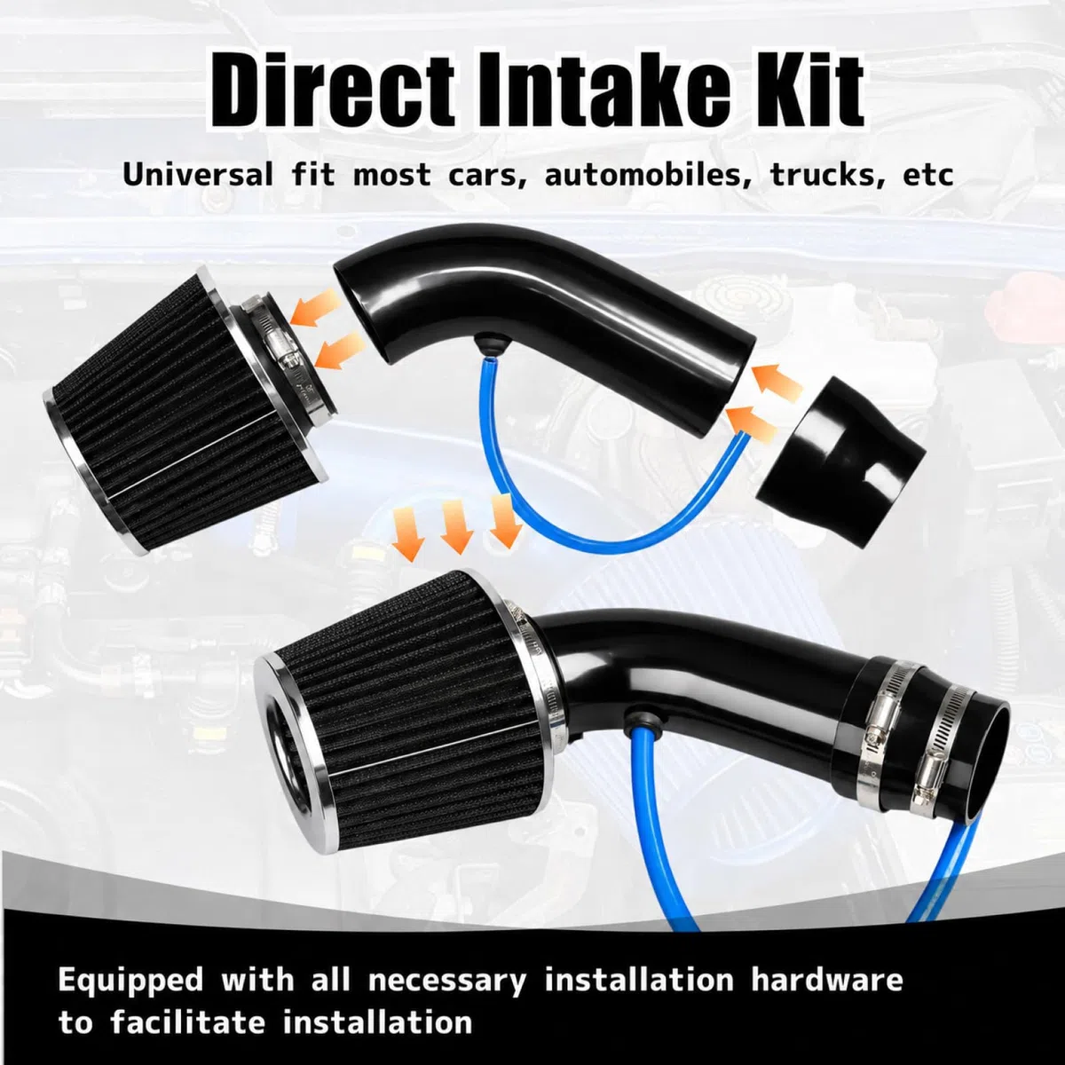 Kit de admisión de aire frío con filtro (Negrol), Filtro Directo de Admisión, Tubo de Diámetro 76mm Sistema de Admisión de Aire de Fibra con Tubo