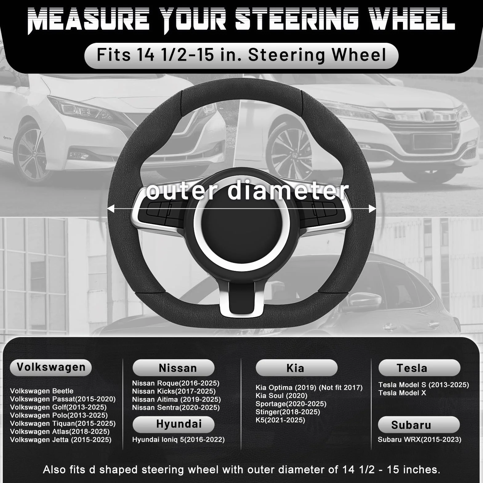 SEG Direct Funda para Volante de Automóvil Tipo D, Cubierta del Volante de Coche en Forma de D, Tamaño Estándar 37-39 cm, Parte Inferior Plana, Cuero de Microfibra, Negro con Fibra de Carbono