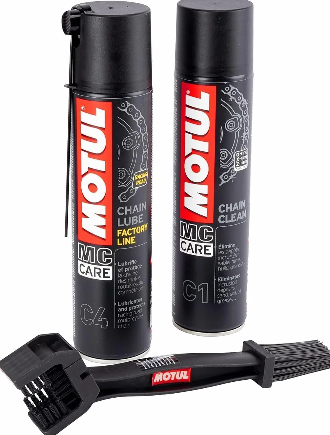 Kit de limpieza y lubricación de cadena – C4 400 ml + C1 400 ml + cepillo de limpieza para cadena moto scooter