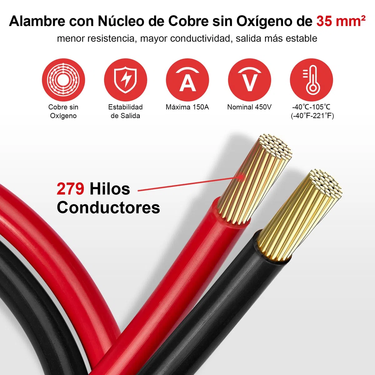 Cable Bateria Coche 35mm2, Cables Arranque Batería 2AWG 100cm, Alambre de Cobre Libre de Oxígeno, Corriente Máxima 150A, Tensión Nominal 450V, 35mm² Cable Inversor de Batería 12V 24V