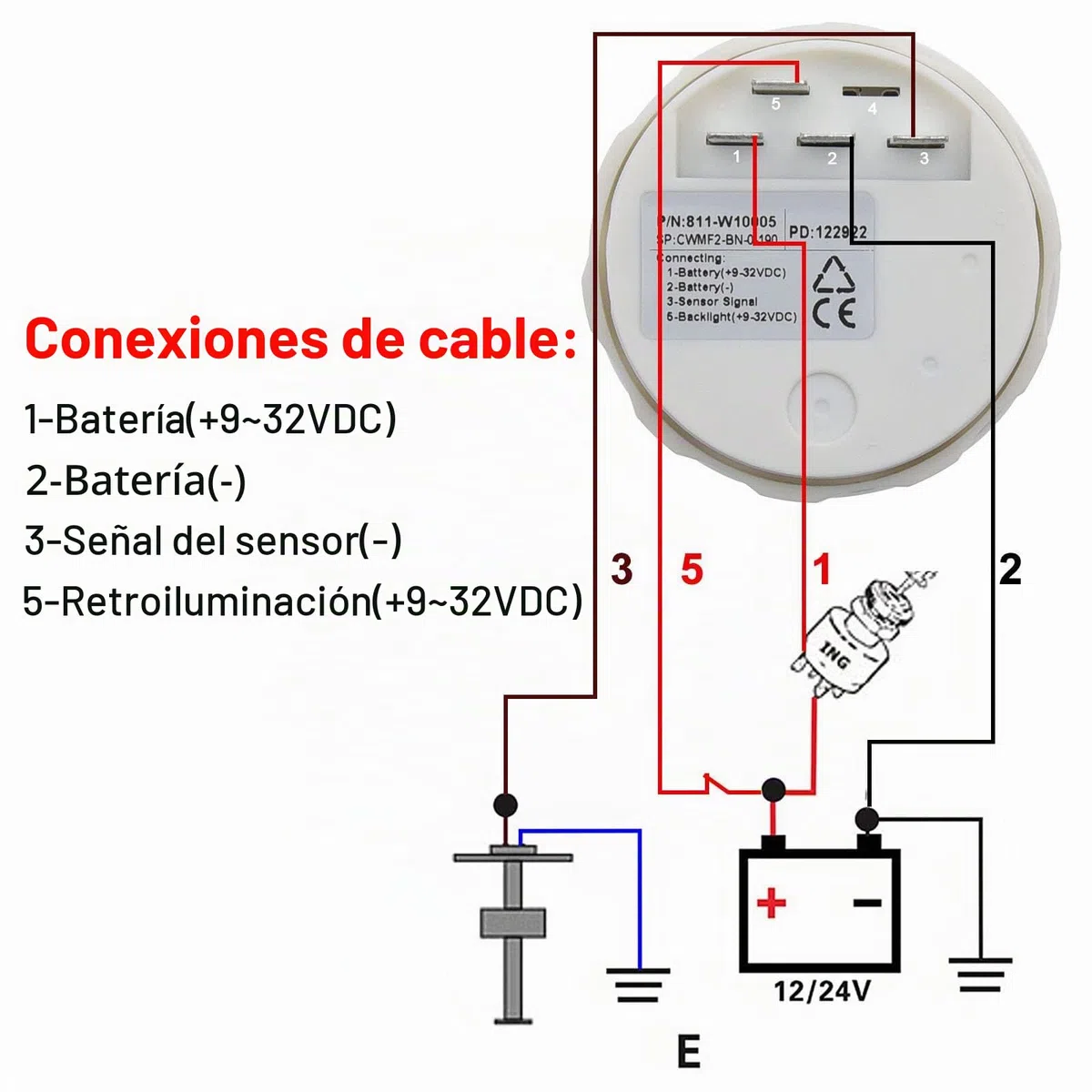 Geloo Medidor de Nivel de Combustible 52mm IP67 Impermeable 0~190ohm Indicador de Combustible Universal con E-1/2-F Rango de Medición (Negro)