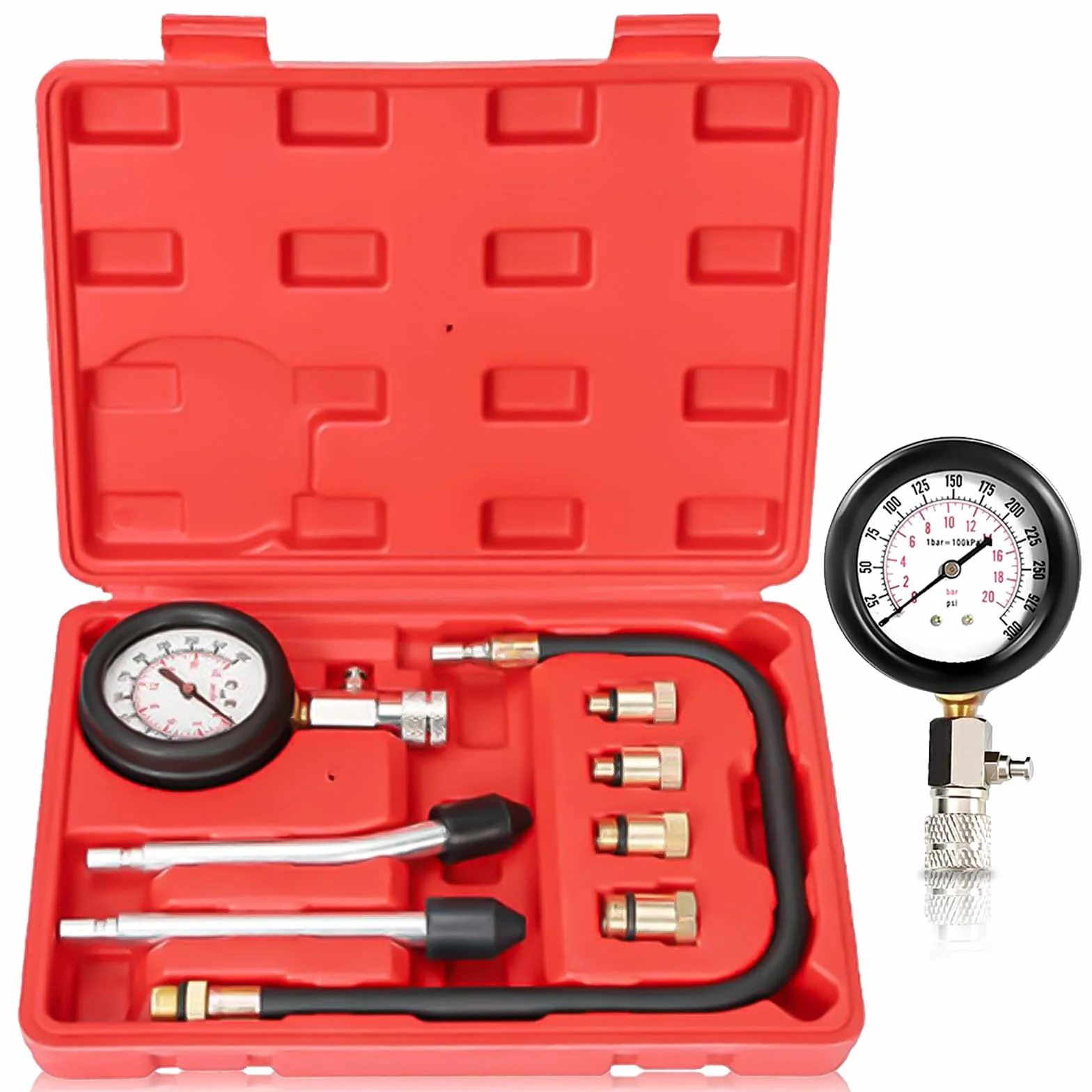 Compresión Kit de Compresión para Coche: Manómetro Juego de herramientas con 4 adaptadores y maletín, medidor de compresión de motor de gasolina 0-20 bar o 0-300 psi, comprobador de compresión para