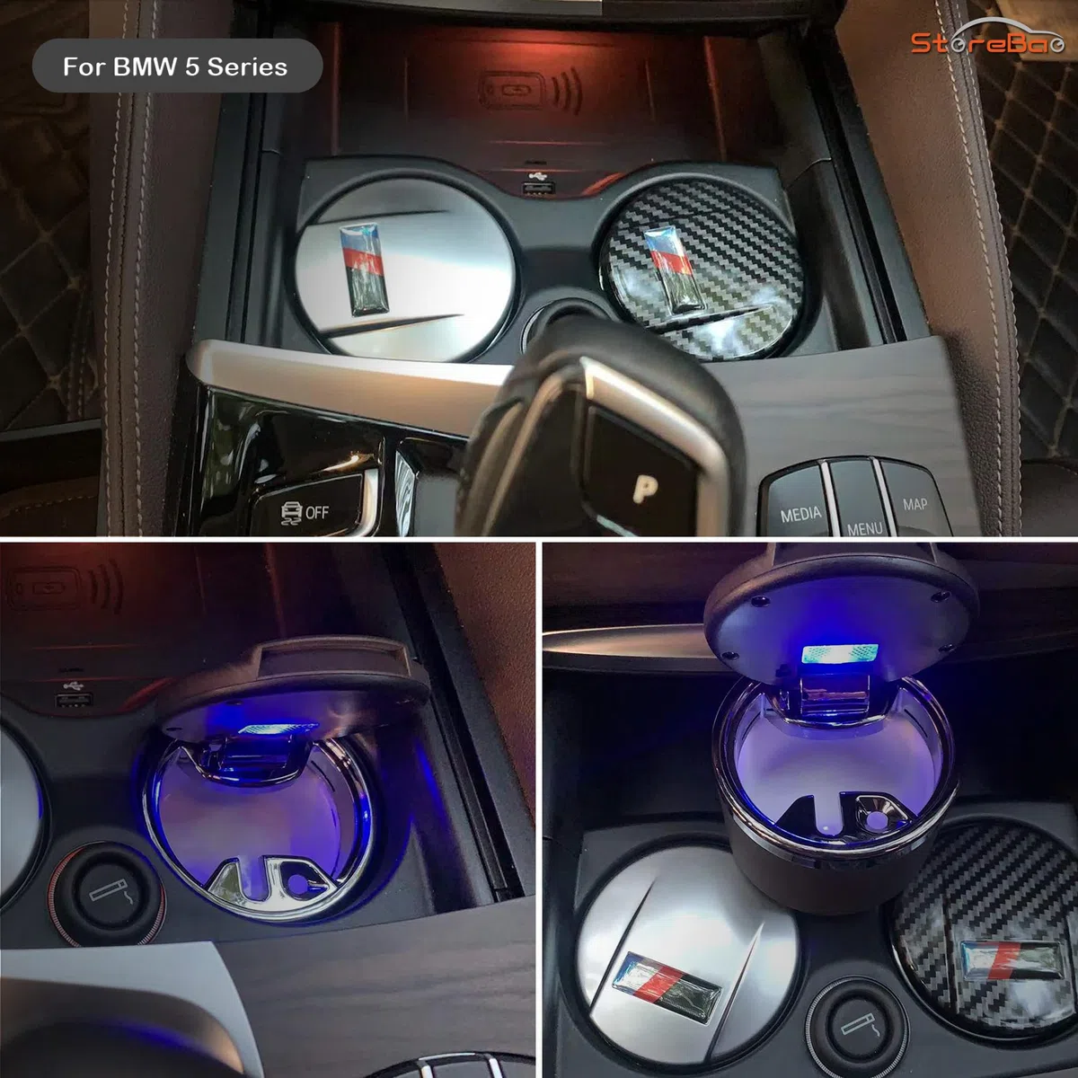 Cenicero de Coche para BMW Serie 1/3/5/7 y X1/X3/X5/X6, con Luz LED y Tapa, Desmontable y Portátil (Fibra de carbon)