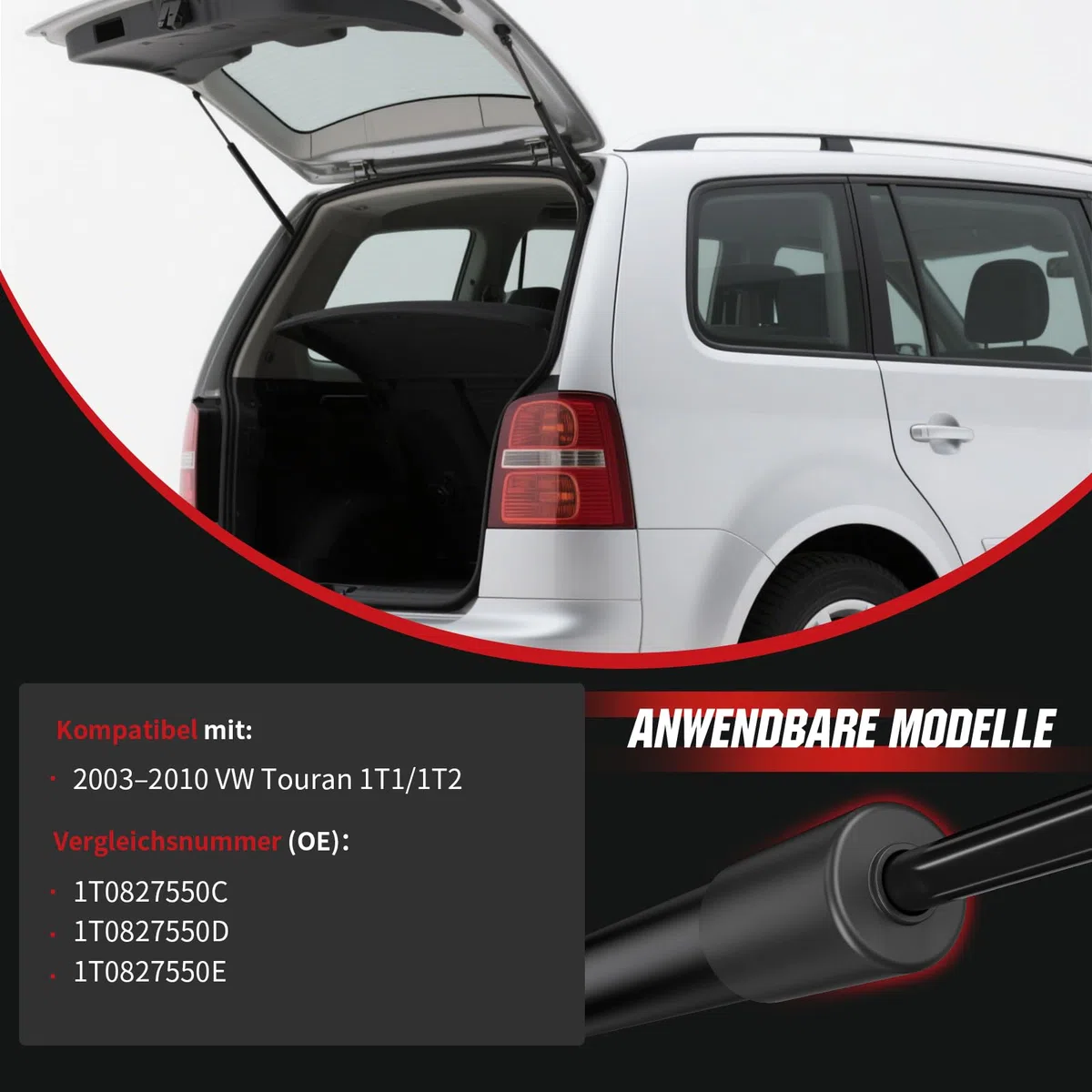 Amortiguador de gas para portón trasero compatible con VW Touran 1T1/1T2 (2003 – 2010), OTUAYAUTO – Reemplaza 1T0827550C, 1T0827550D, 1T0827550E