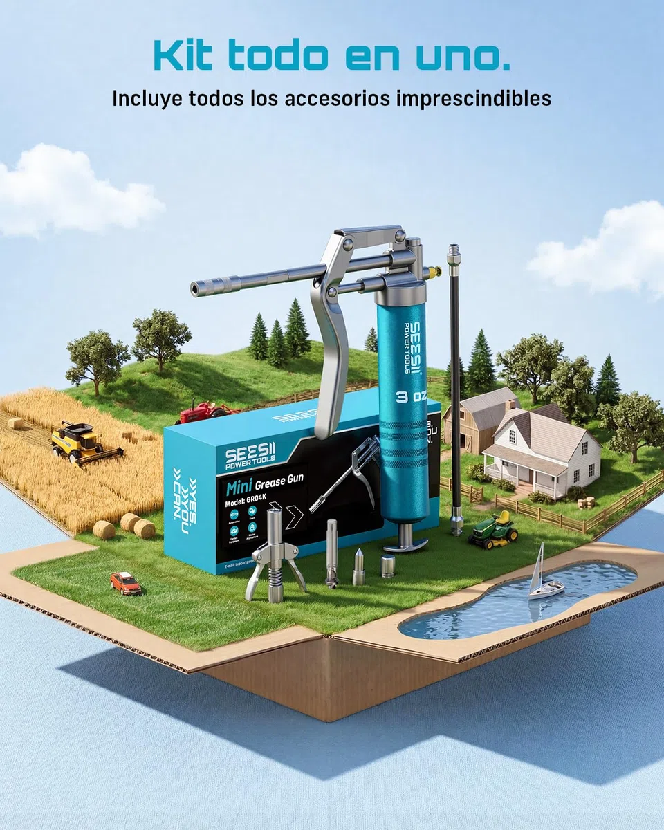 Seesii Mini Engrasadora Manual 85g, 4000 PSI, Kit Pistola de Engrase con Manguera Flexible, 4 Acoplamientos y Tubo de Extensión, para Motocicletas, Automoción, Maquinaria Agrícola y Náutica
