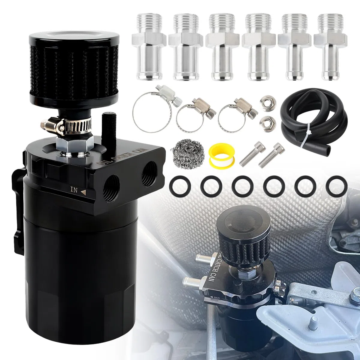 Recipiente para aceite Frawacy de 300 ml, con filtro de aire, separador universal de aire/aceite para motor, kit para depósito de aceite, color negro