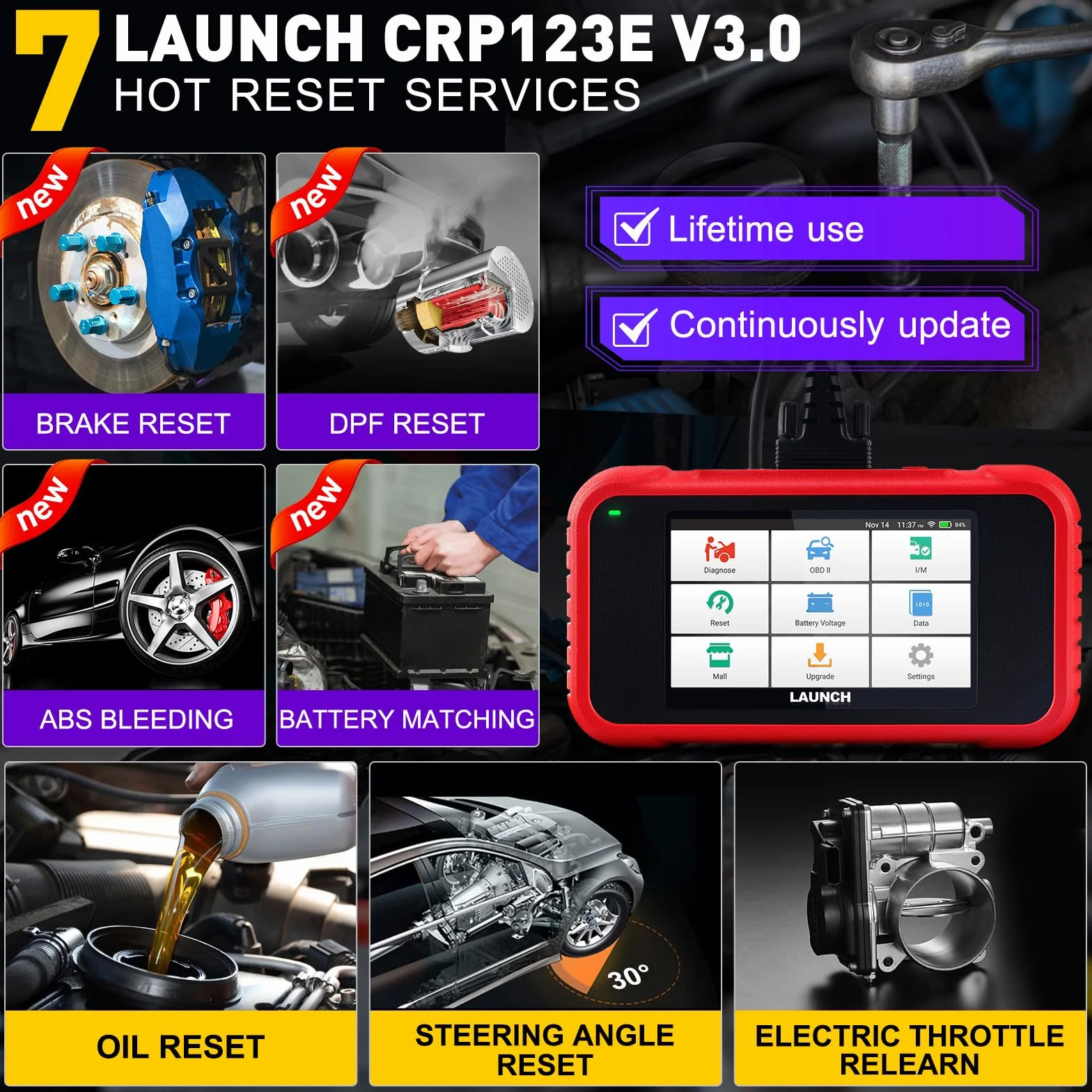 LAUNCH CRP123E V3.0 OBD2 Diagnosis Coche con Sistema de Motor ABS SRS Transmisión y 7 Funciones de Reinicio, OBD 2 Escaner Automotriz Reset de Aceite ETS SAS, Diagnostico Multimarca WIFI Actualización