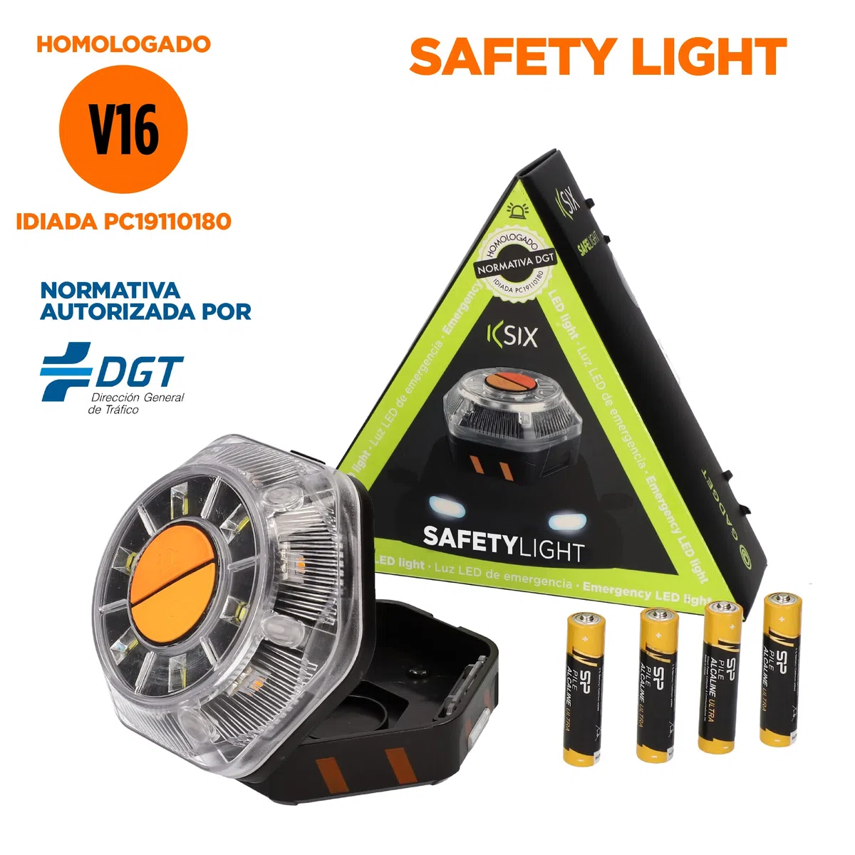 KSIX Luz de Emergencia V16 sin GPS para Coche y Moto con Linterna Led. Baliza de Señalización Luminosa Autónoma en Carretera con Base Magnética y Gancho Multiusos