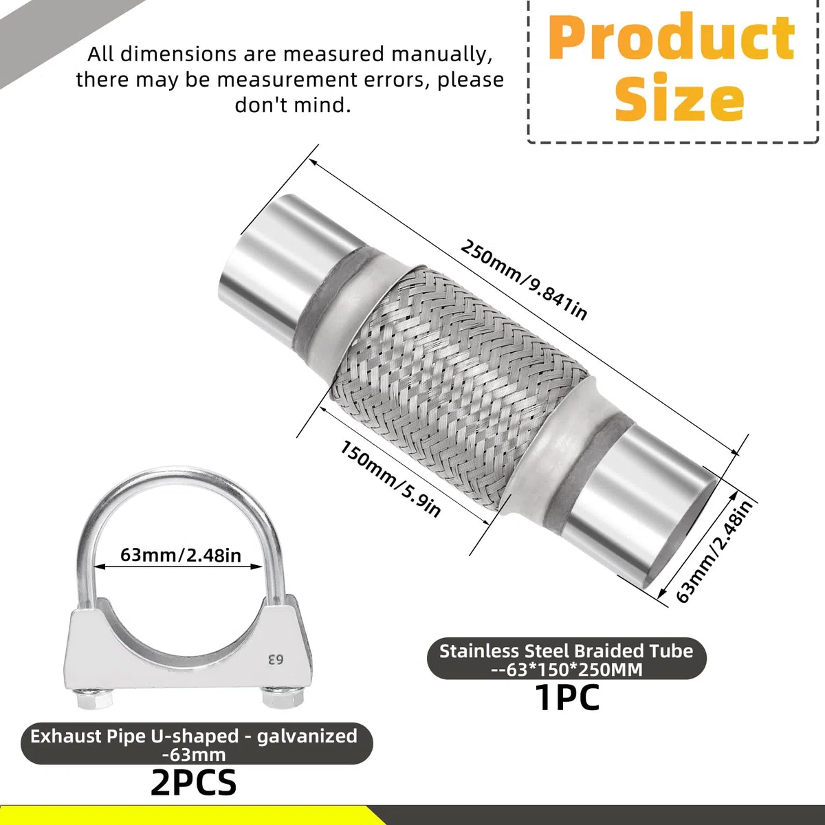 3 abrazaderas de tubo flexible de acero inoxidable para tubo flexible de escape de doble trenza para tubos de escape flexibles (2,5" x 6" x 10")