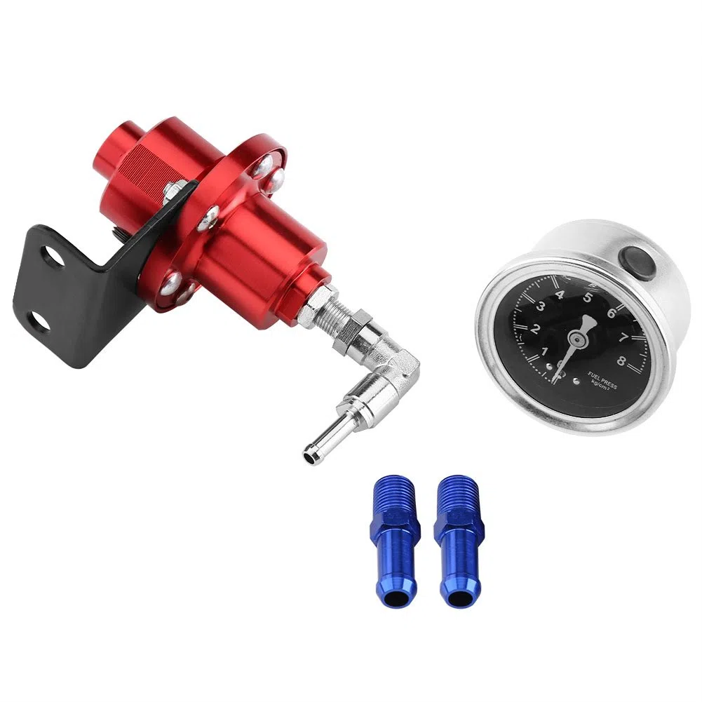 Yctze Regulador de presión de combustible FPR ajustable de aluminio universal con manómetro para automóvil(rojo) regulador de gasolina aem