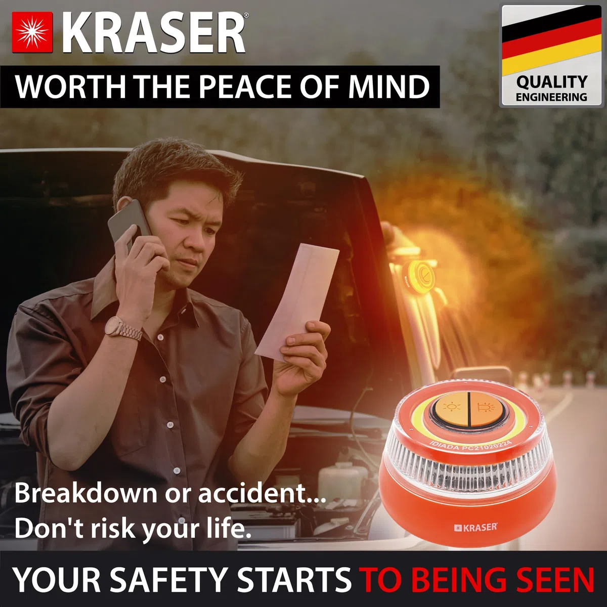 KRASER KR4V16N Luz Holomogada (No conectada DGT) LED Intensidad, Baliza Luminosa de Emergencia Imantada, Autónoma, Compacta y Ligera + Linterna con Colgador