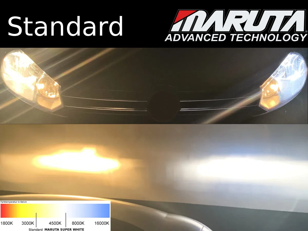 MARUTA SUPER WHITE H4 60/55W lámpara halógena 12V, casquillo P43t, efecto xenón 5500 K, vidrio de cuarzo resistente, homologación ECE