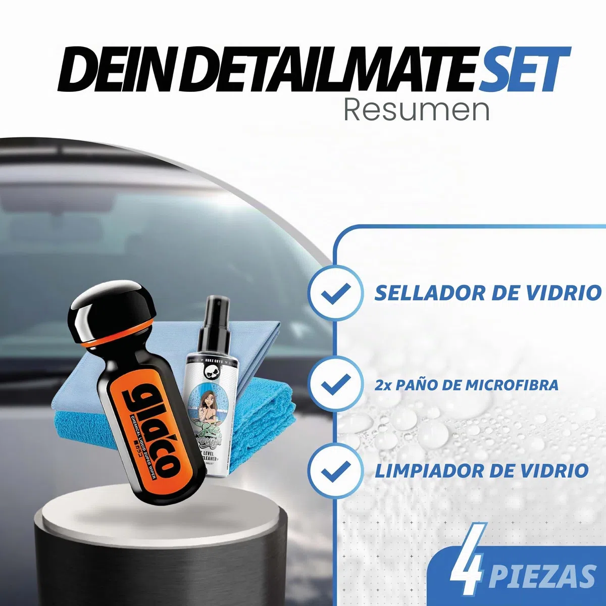 detailmate Juego de sellado de parabrisas para coche y ducha – efecto loto: Soft99 Ultra Glaco sellado de cristal 70ml + parabrisas cristal 500ml + paño microfibra de vidrio + paño pulido esponjoso