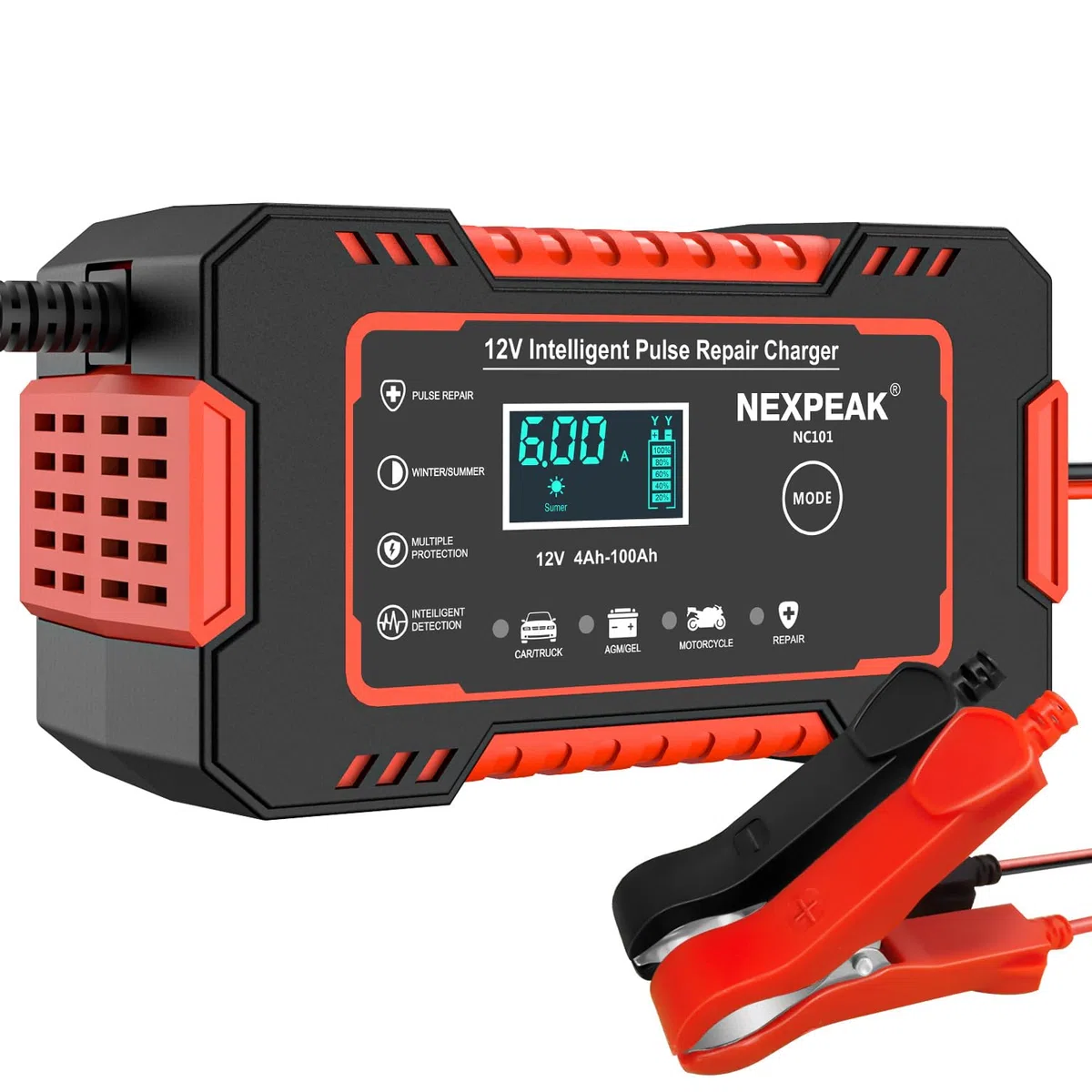 Cargador de Batería de Coche, NEXPEAK 6A 12V Cargador de baterias Coche y Moto Inteligente con Reparación y Pantalla LCD y Cargadors de batería para Auto,Moto, Camión, AGM, SLA, Gel