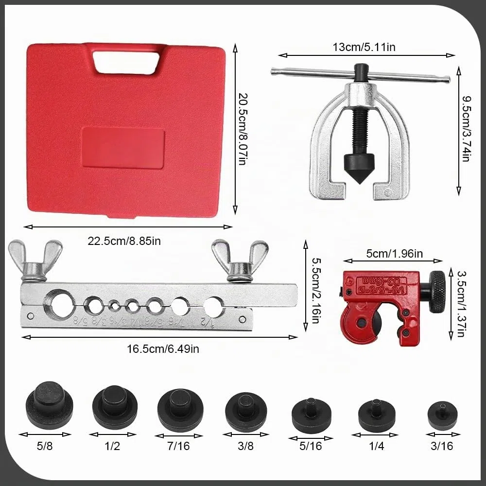 Kit de Abocardador Aire Acondicionado con Cortatubos Cobre, 5-16 mm Herramientas Aire Acondicionado, Kit de Expansor de Tubos Cobre, Expandidor de Tubos para Línea de Freno Doble y Simple