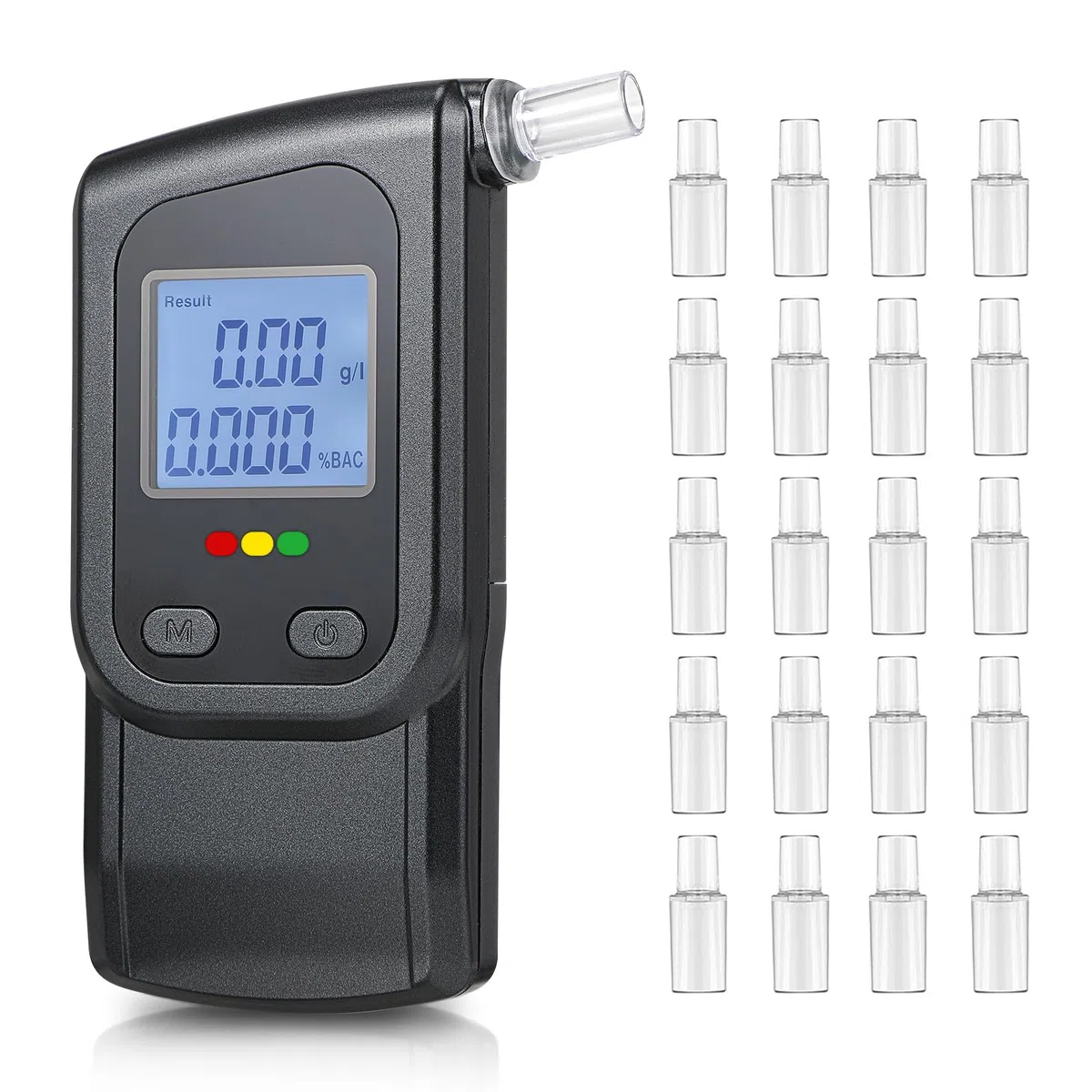 Alcoholimetro Homologado, Portatil Alcoholímetro de Alta Precisión con Pantalla LCD y 20 Boquillas, Test de Alcoholemia Profesiona, Reutilizable Probador de Alcohol para Uso Personal Hogar Sopl