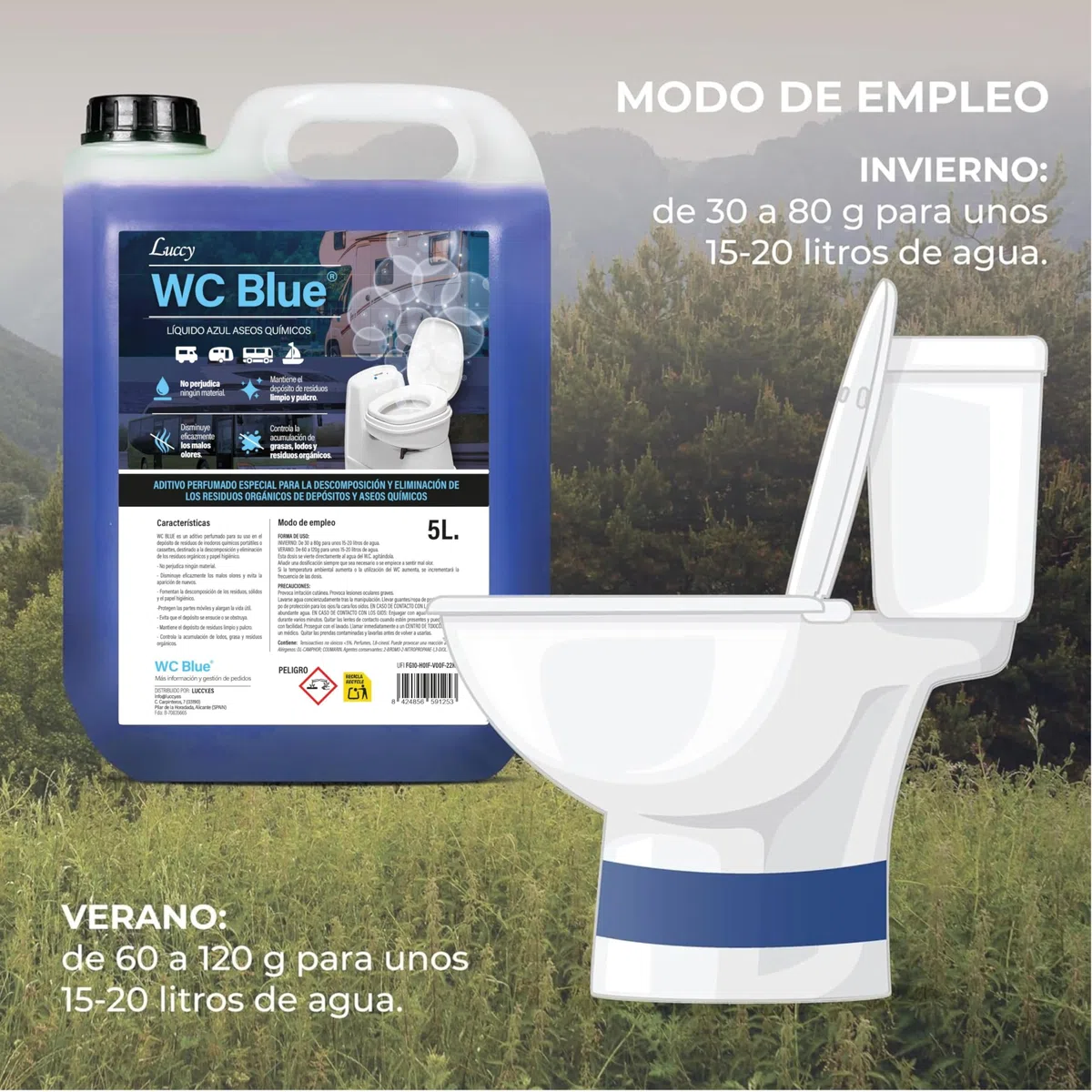 WC Blue Aditivo para Aguas negras 5 Litros, Sanitary Fluid Caravanas, Depósito de Residuos