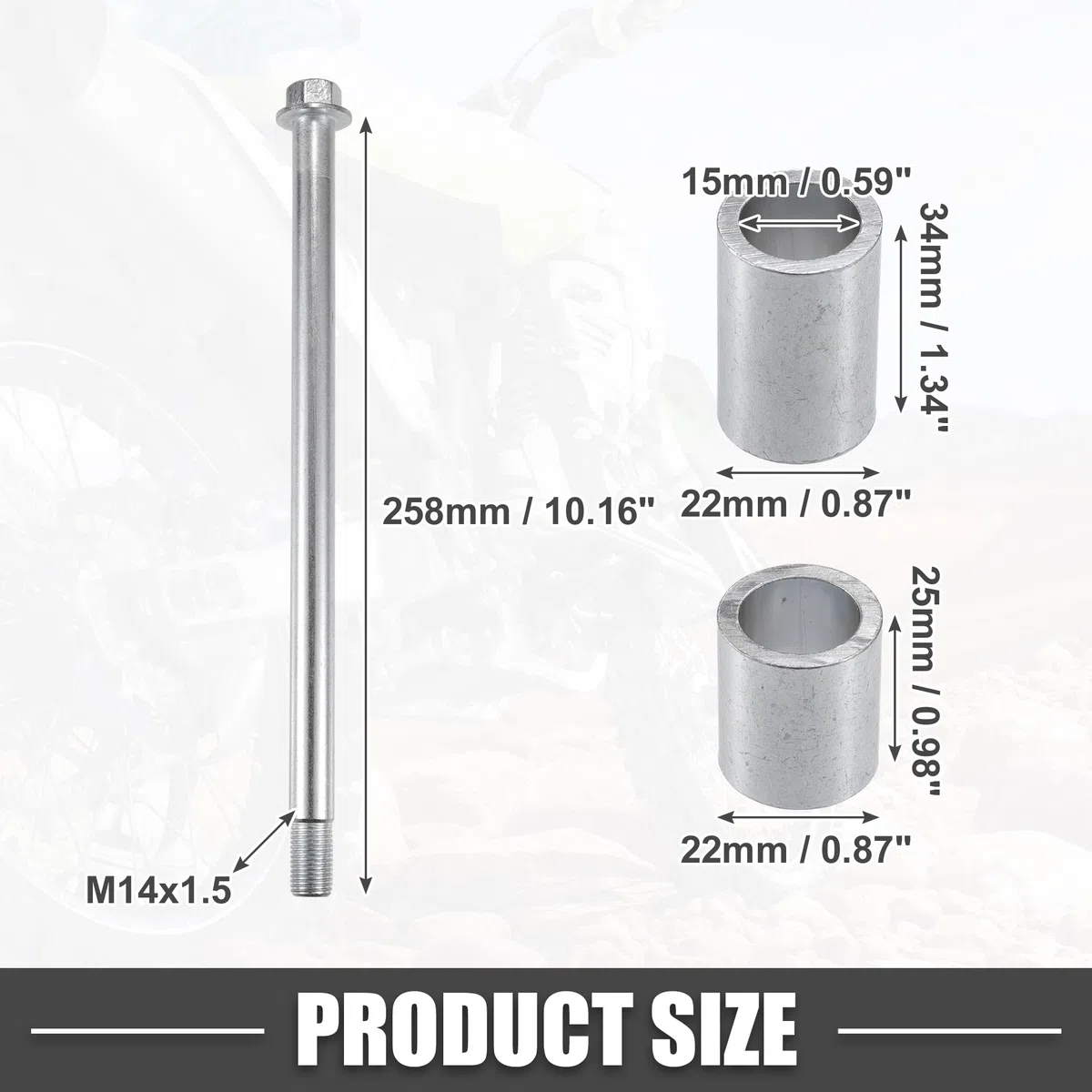A ABSOPRO Eje delantero Trasero con Buje y Tornillo M14 258mm para Moto de Tierra Scooter ATV Rueda Eje de Acero Aleado Tono Plateado