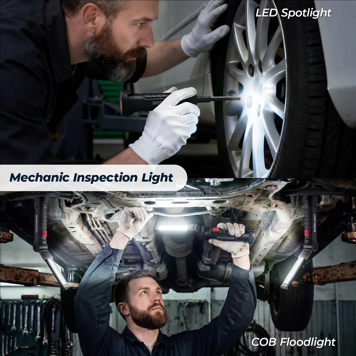Lámpara LED de taller 4 unidades, regalo para hombres, mecánico, lámpara de trabajo | linterna | recargable taller lámpara de mano con imán y gancho para herramientas de reparación de coches y camping