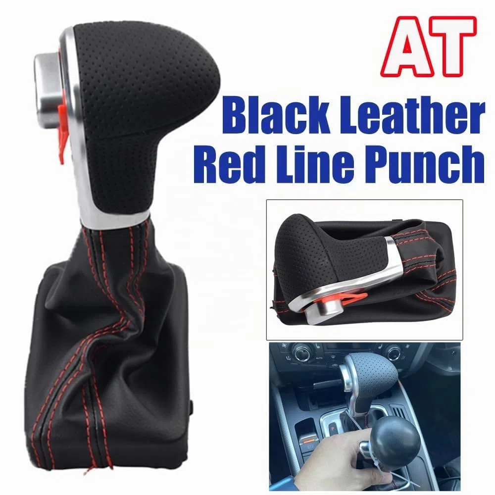 Pomo de palanca de cambios automático con funda de palanca de cambios negra transpirable, transmisión de costuras rojas para Au-di A3 A4 A5 A6 Q5 Q7 2004 2005 2006 2007 2008 2009 2010 2011 2012 2013