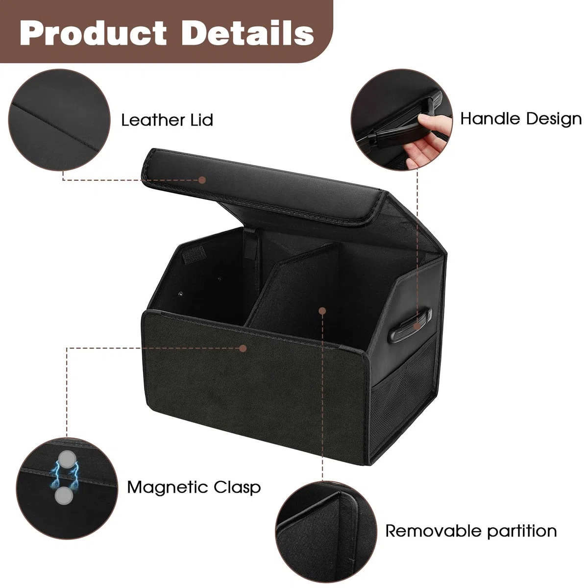 Organizador de Coche para Almacenamiento, 40L Organizador de Maletero de Coche, Caja de Almacenamiento de Cuero Plegable, Bolsa Antideslizante para Maletero para todos vehículos(Negro)