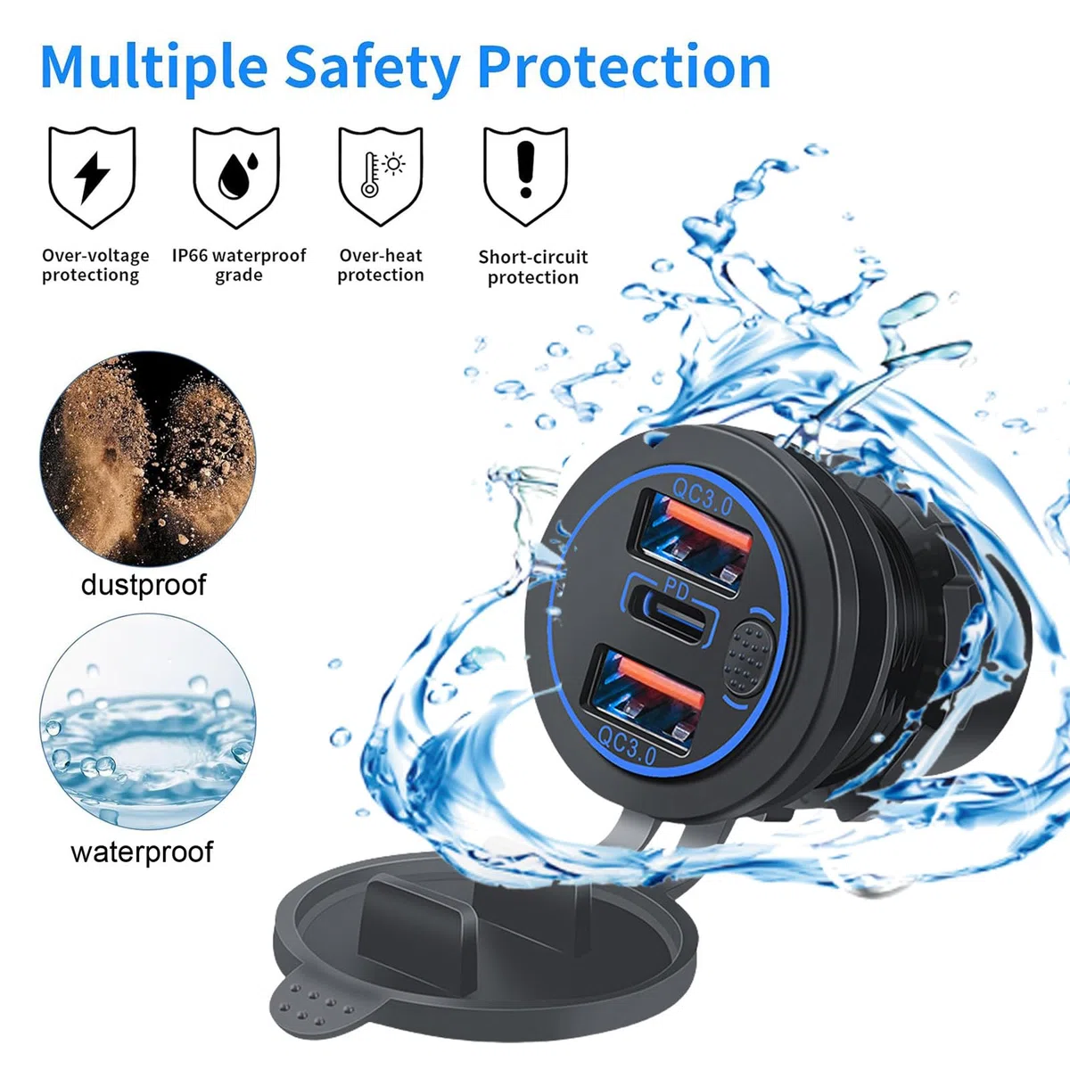 Cargador USB 12-24V, 66W, PD y QC3.0 con Interruptor y Luz Azul para Moto, Coche, Caravanas, Barcos, Camiones - Cargador Impermeable (2PD+4QC)