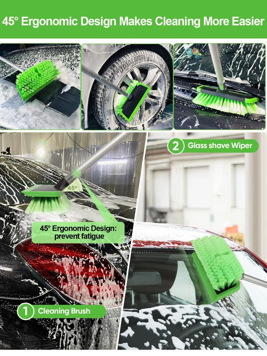 Cepillo Lavado Coche de 2 En 1 con Escobilla Goma PBT Cepillo 60" 151 cm con Mango Largo Ajustable para Interior Exterior Camión Automóvil RV Barco Cubierta Casa Revestimiento Limpieza Barrido Nieve