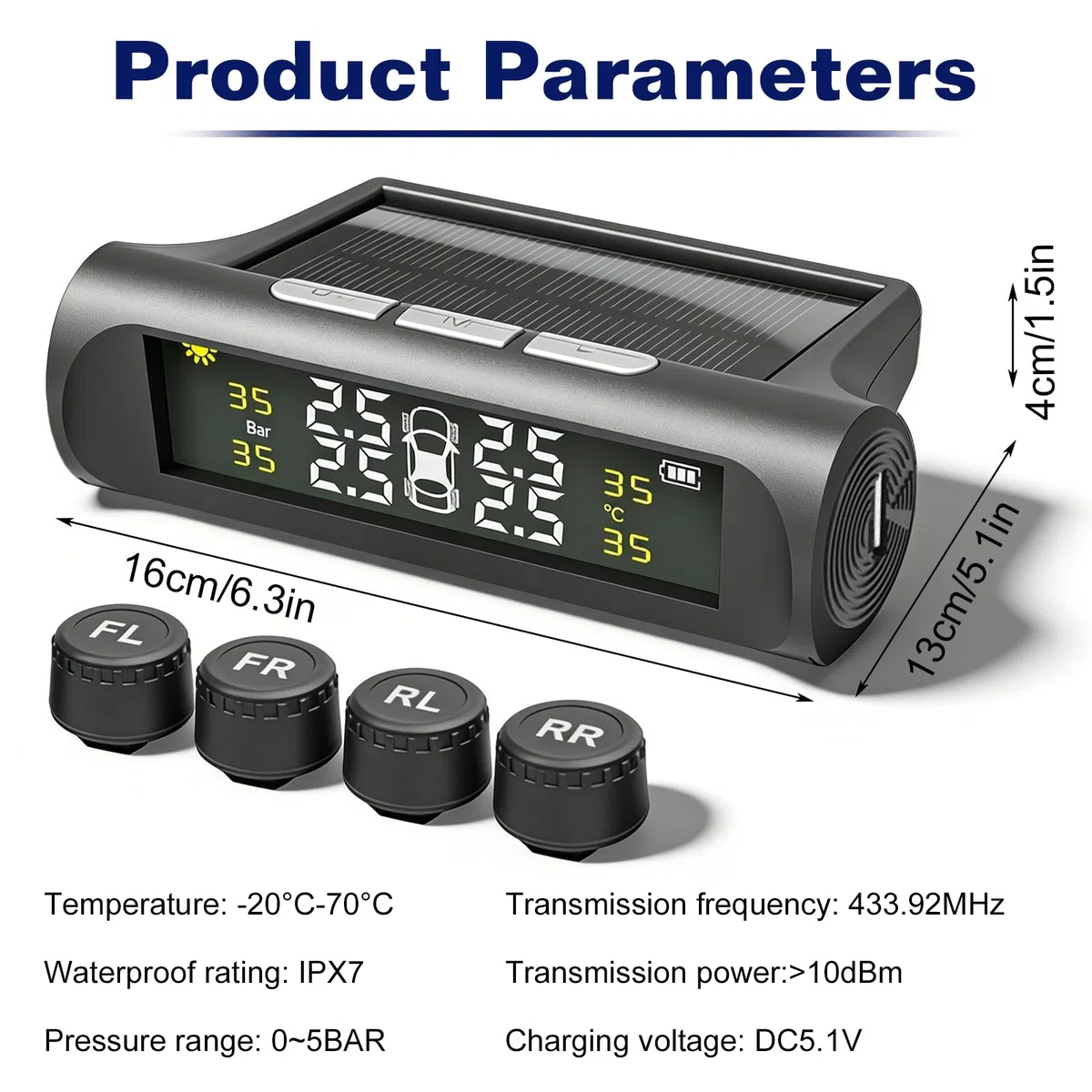 BAIFULAI TPMS Sistema de control de presión de neumáticos: IPX7 resistente al agua, sistema de control de presión de neumáticos con 4 sensores exteriores, digital alimentado por energía solar, mini