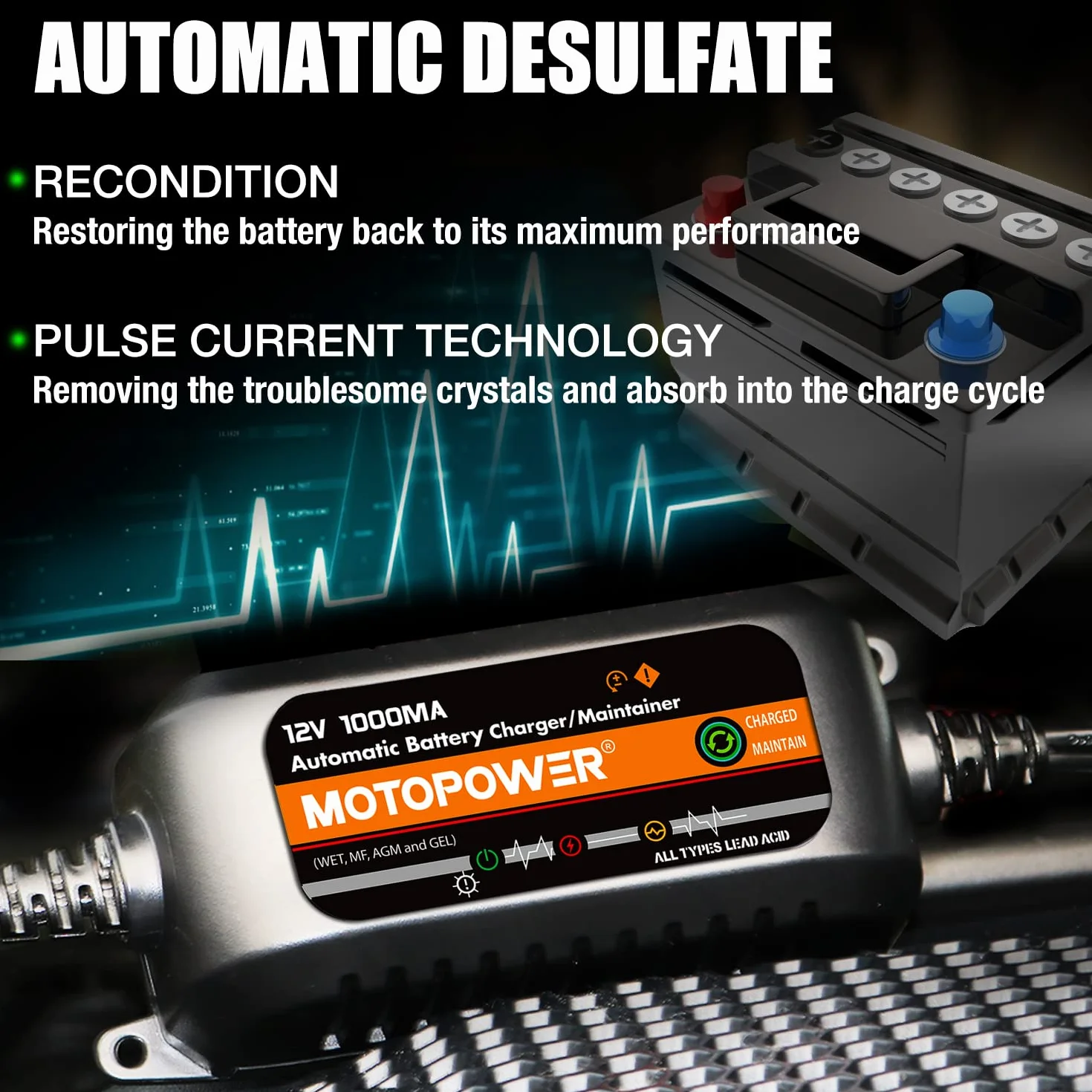 MOTOPOWER MP00205B 12V 1000mA Mantenedor de Cargador de batería Completamente automático