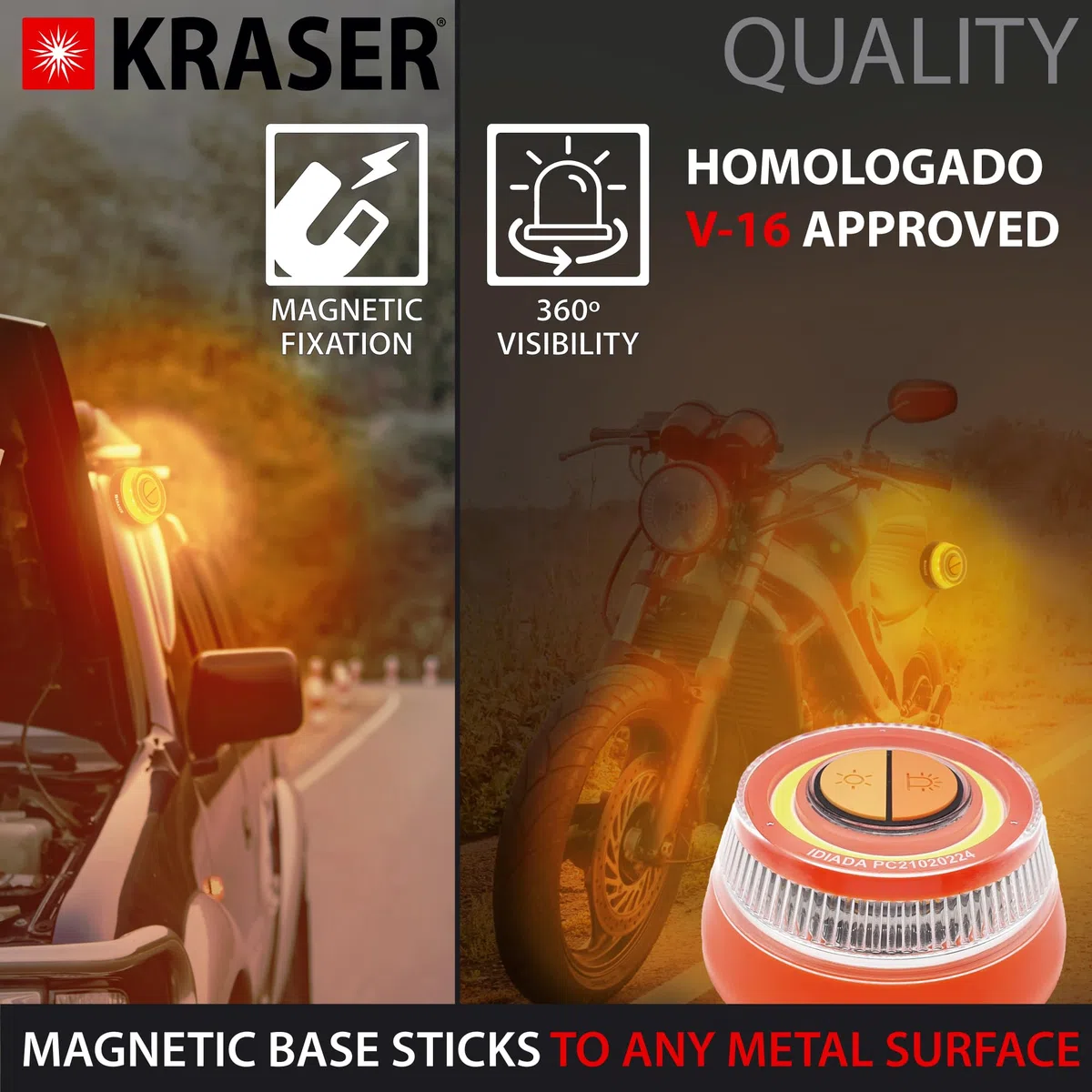 KRASER KR4V16N Luz Holomogada (No conectada DGT) LED Intensidad, Baliza Luminosa de Emergencia Imantada, Autónoma, Compacta y Ligera + Linterna con Colgador